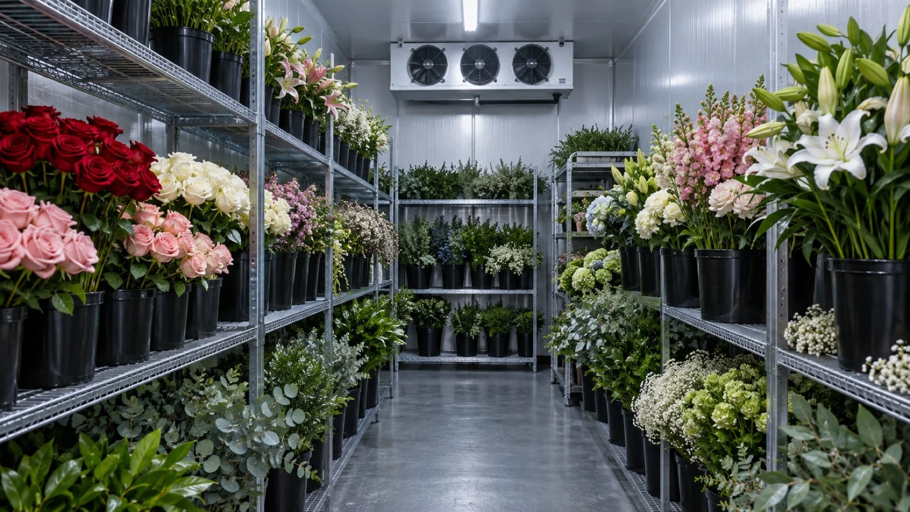 Organized florist walk-in cooler with buckets of fresh cut flowers and clear airflow space