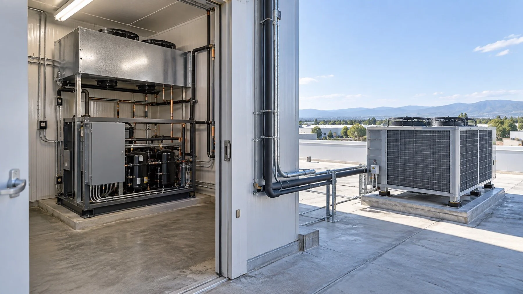 Outdoor commercial condensing unit beside an insulated walk-in cooler building