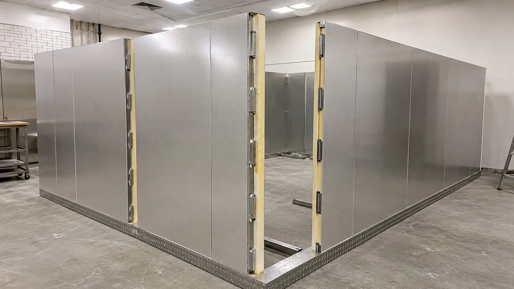 Insulated walk-in cooler panels being assembled in a commercial space