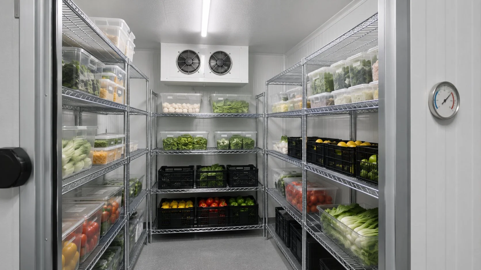 Organized walk-in cooler shelving with labelled food storage in a commercial kitchen