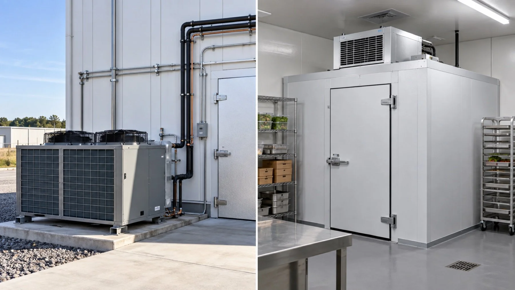 Split view of a rooftop condensing unit and compact walk-in cooler refrigeration package