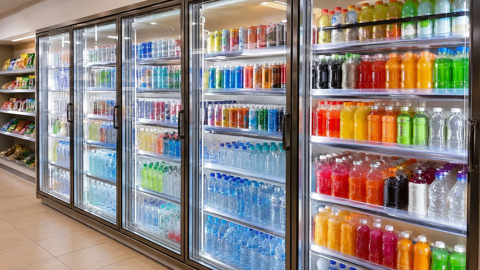 Glass door display coolers stocked with drinks in a convenience store