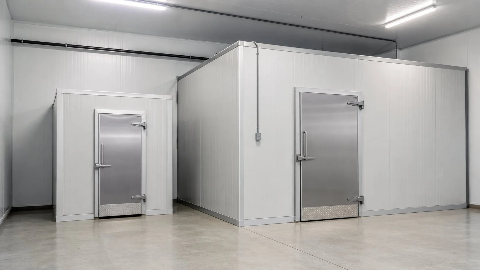 Walk-in coolers of different sizes in a commercial food business space