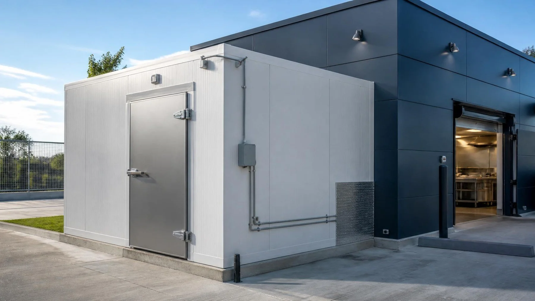 Outdoor commercial walk in cooler beside a building with clear delivery and service access