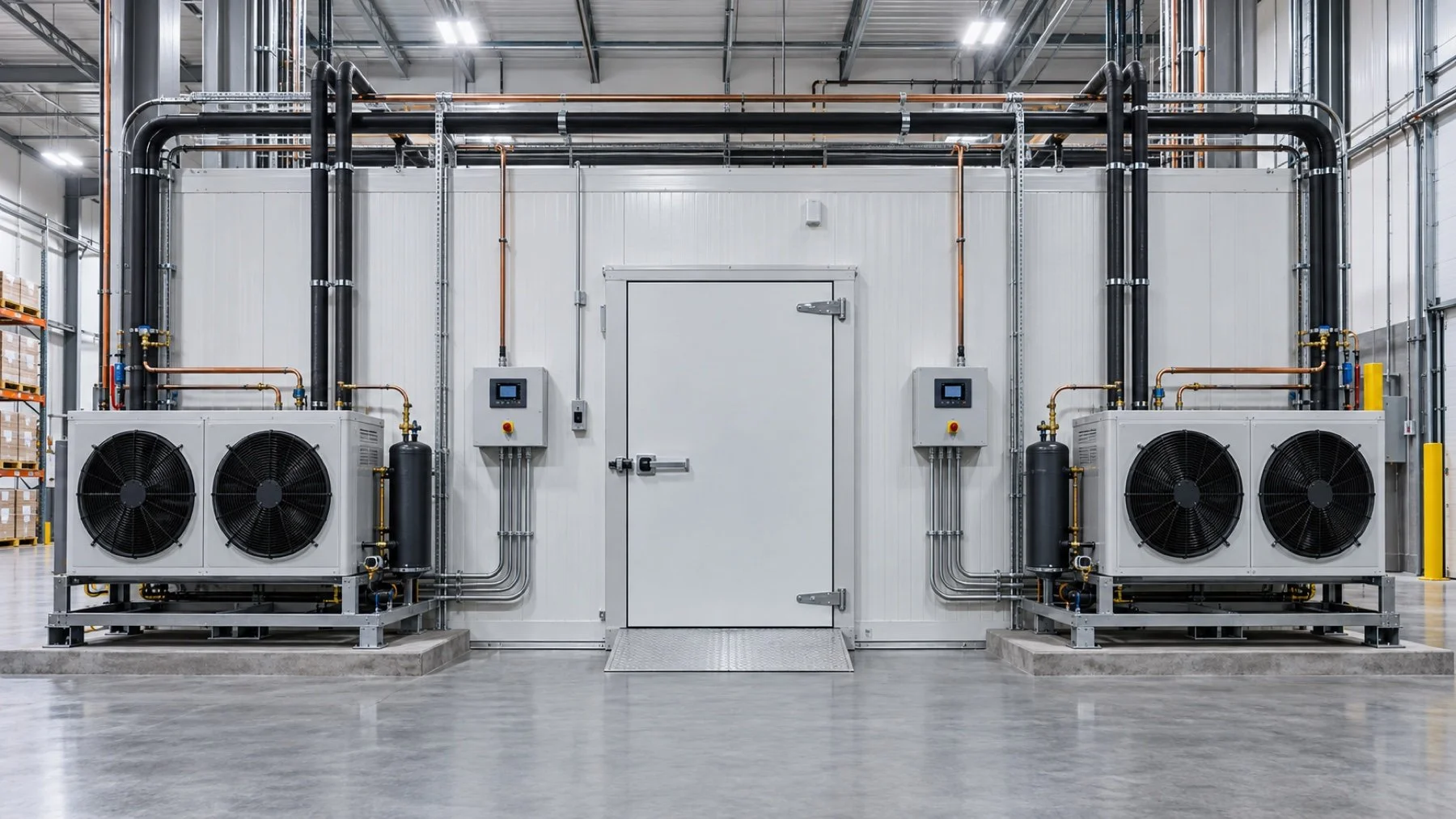 Commercial cold storage mechanical area with two clearly separated refrigeration circuits