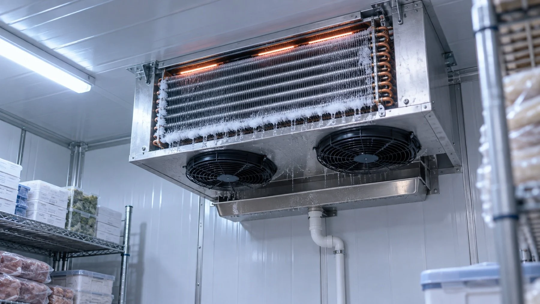 Walk-in freezer evaporator during an active defrost cycle with meltwater draining from the coil