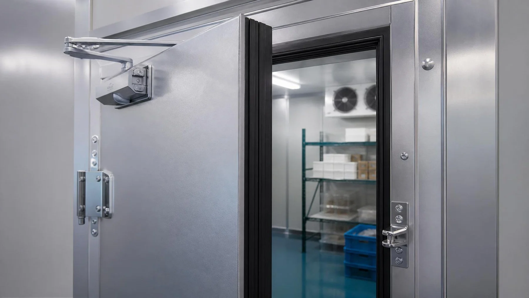 Technician checking the gasket and frame of a commercial walk in cooler door