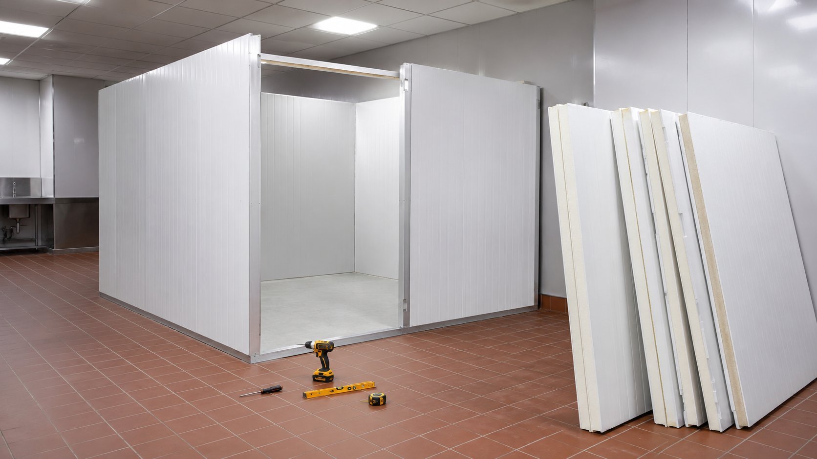 Partially built walk-in cooler with panels and tools in a commercial space