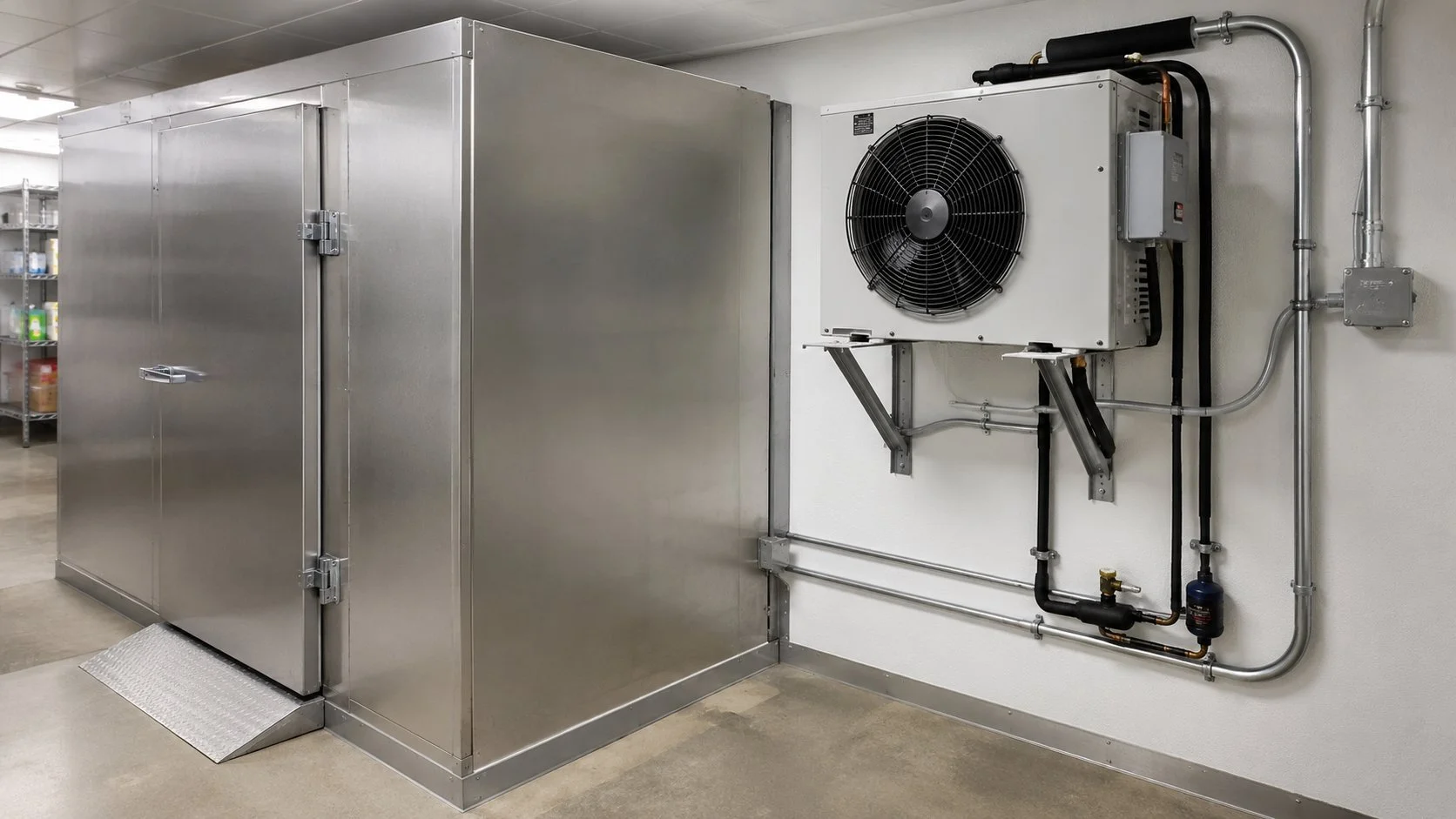 Walk-in cooler refrigeration condensing unit in a commercial building