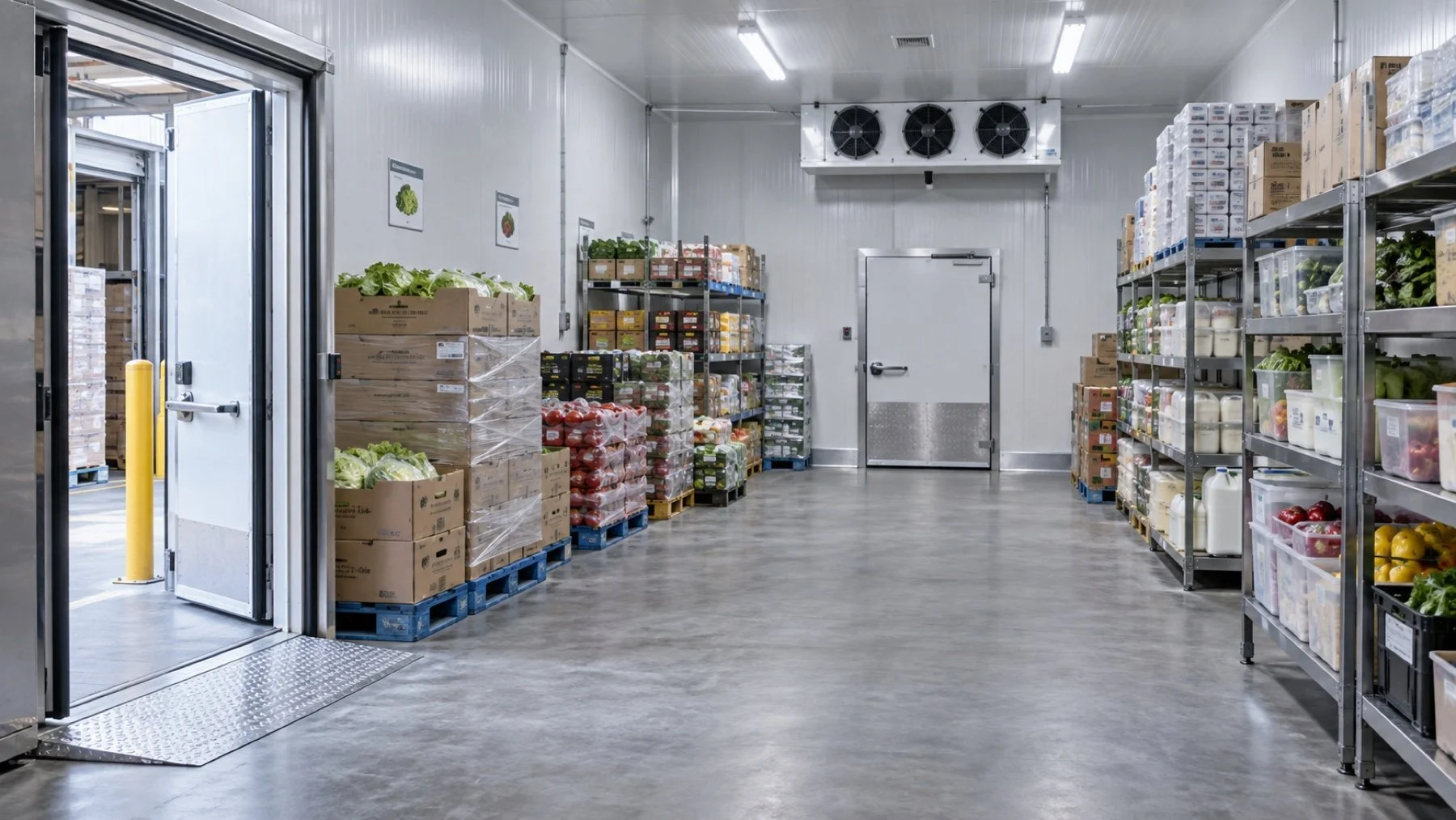 Organized grocery store walk-in cooler with clear aisles and labelled product zones without readable text