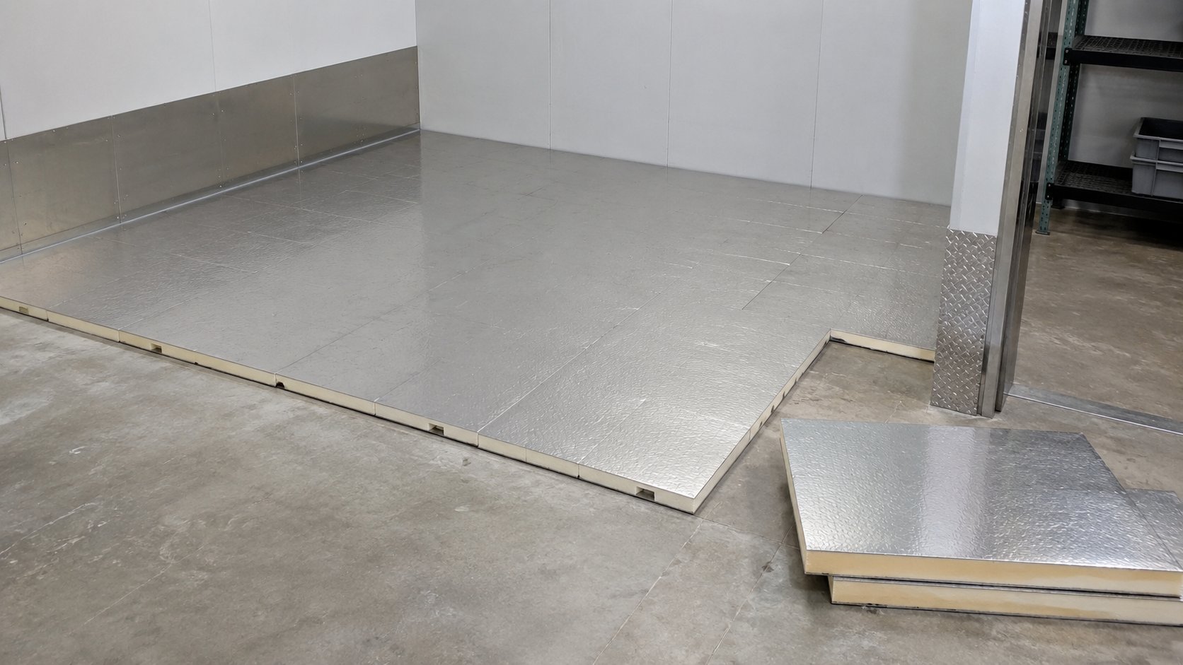Insulated walk-in cooler floor panel installation in a commercial space