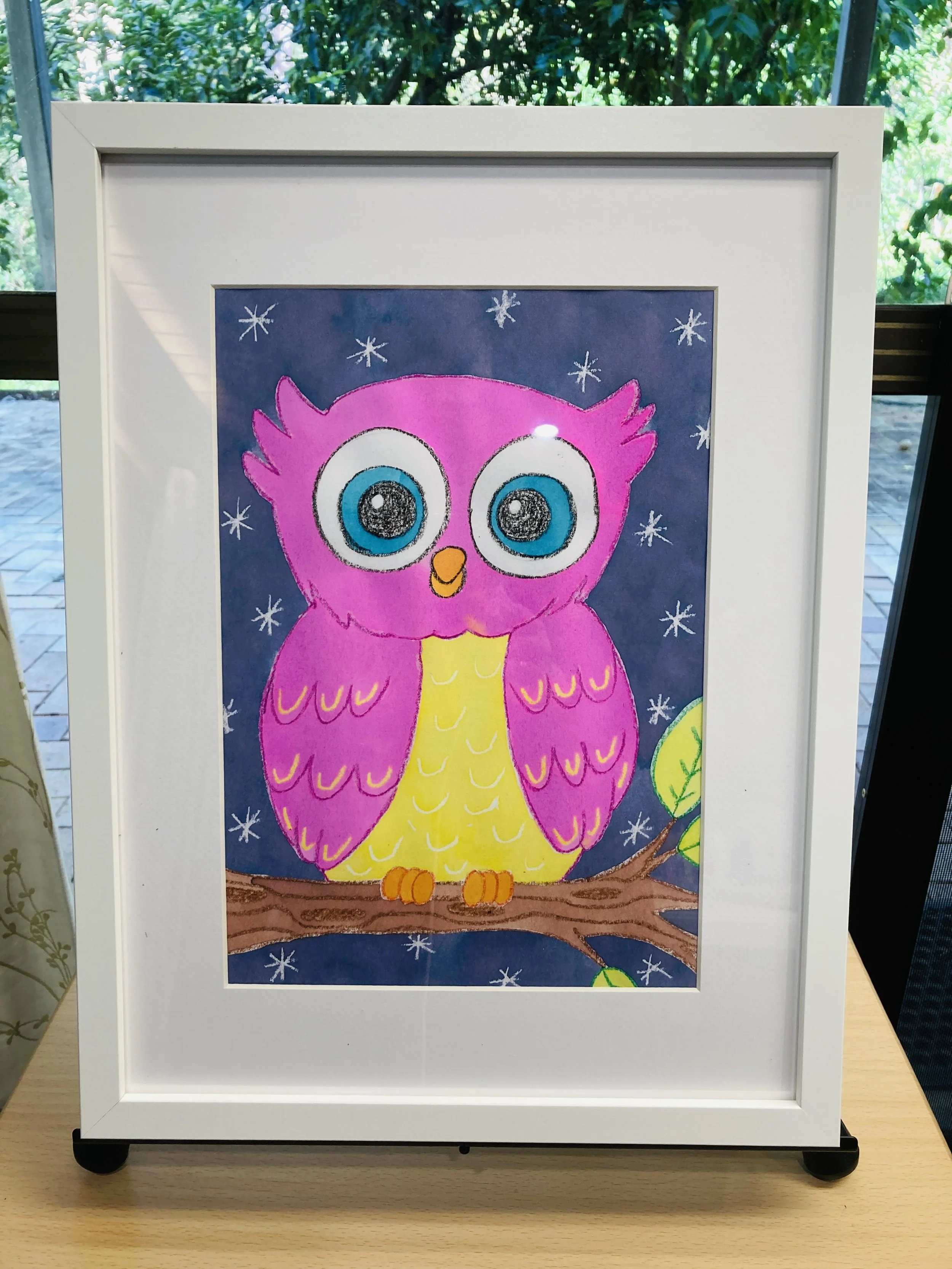 Colourful Owl liquid watercolour painting framed.jpg