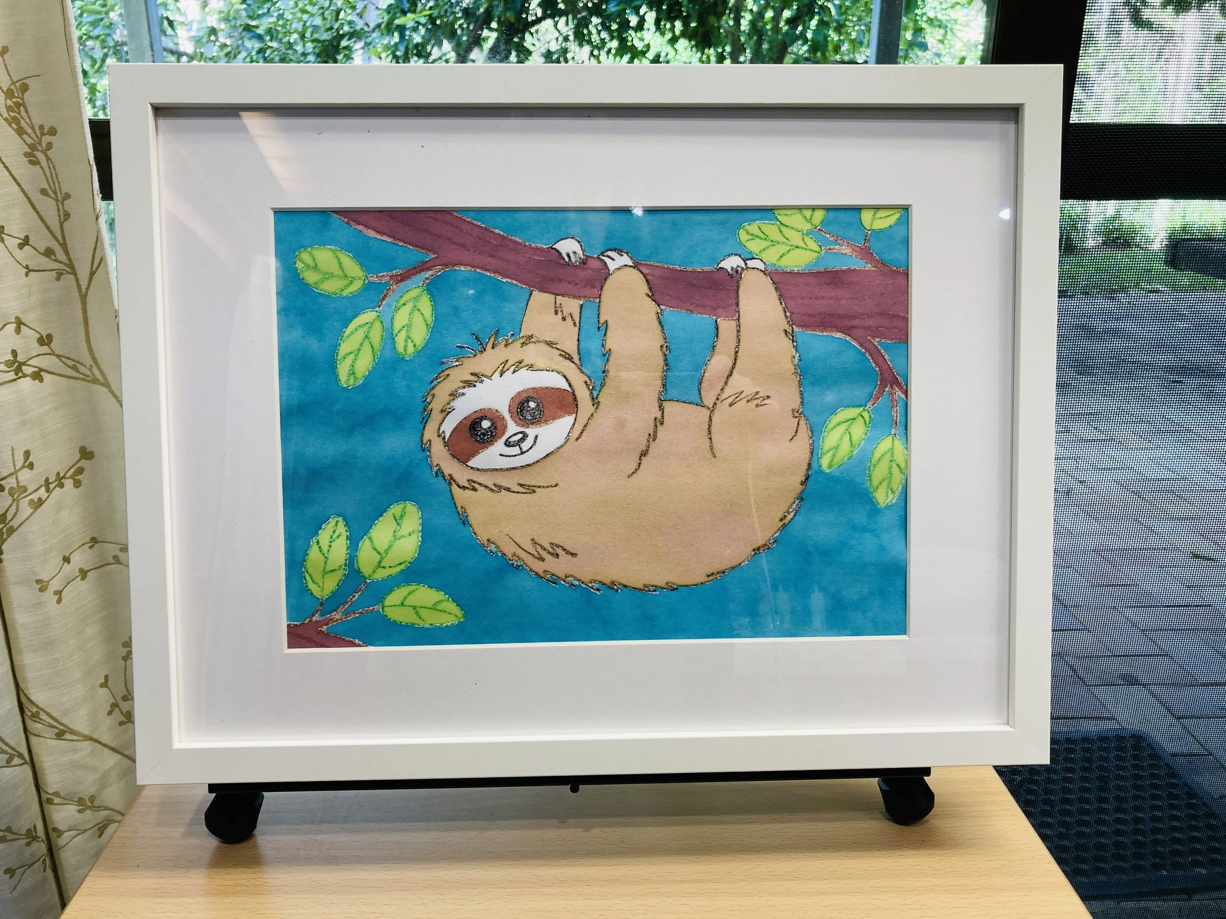 Friendly Sloth liquid watercolour painting framed.jpg