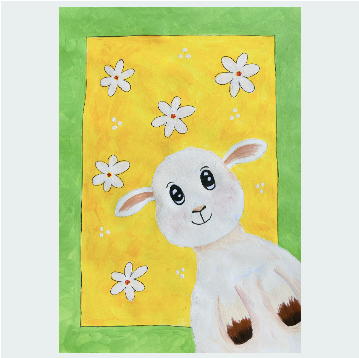 Painted paper collage artwork of a blue vase with small orange flowers and leafy green foliage, and a small purple and pink bird beside the vase