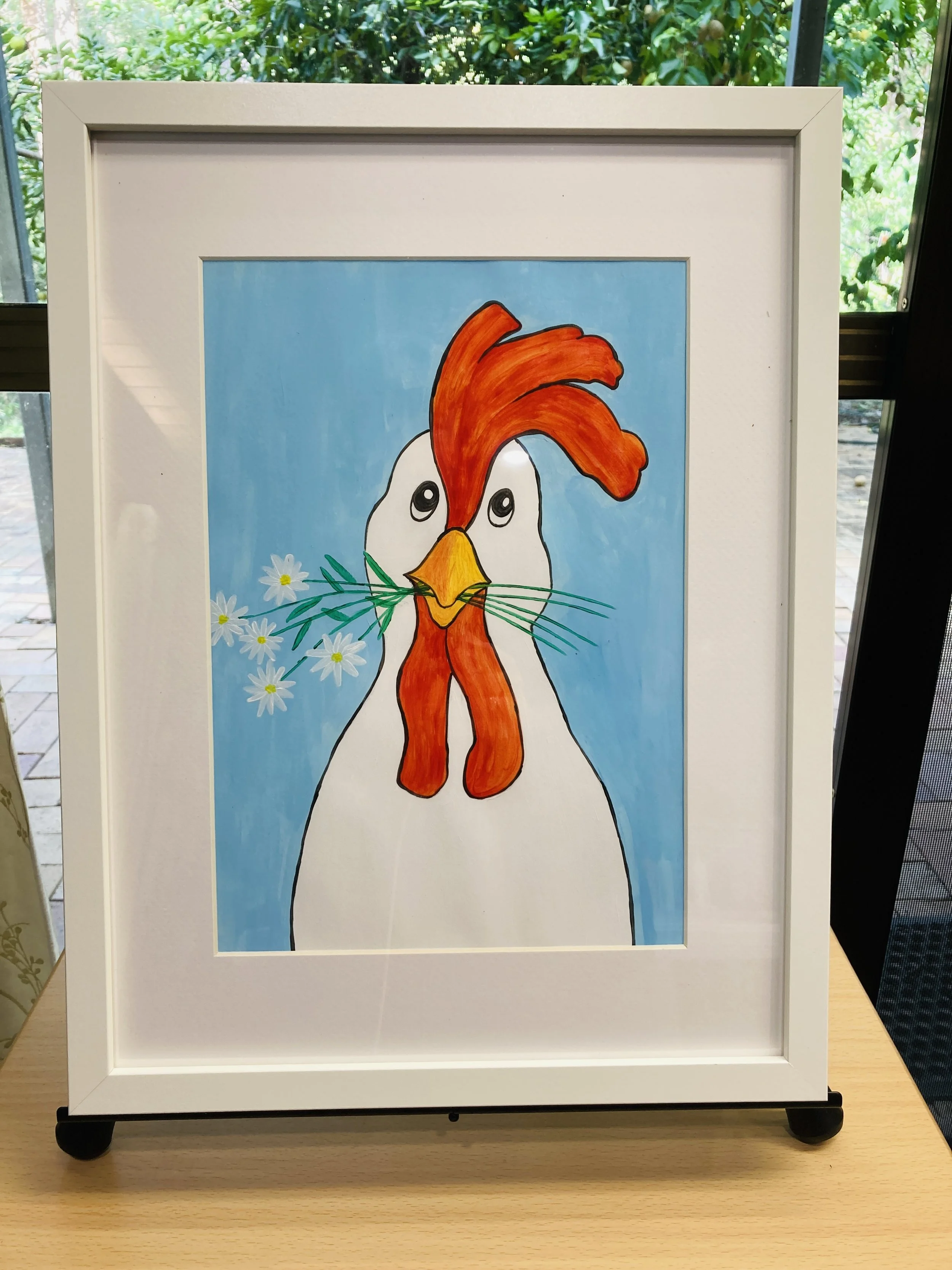 Chicken with Daisies painting framed.jpg