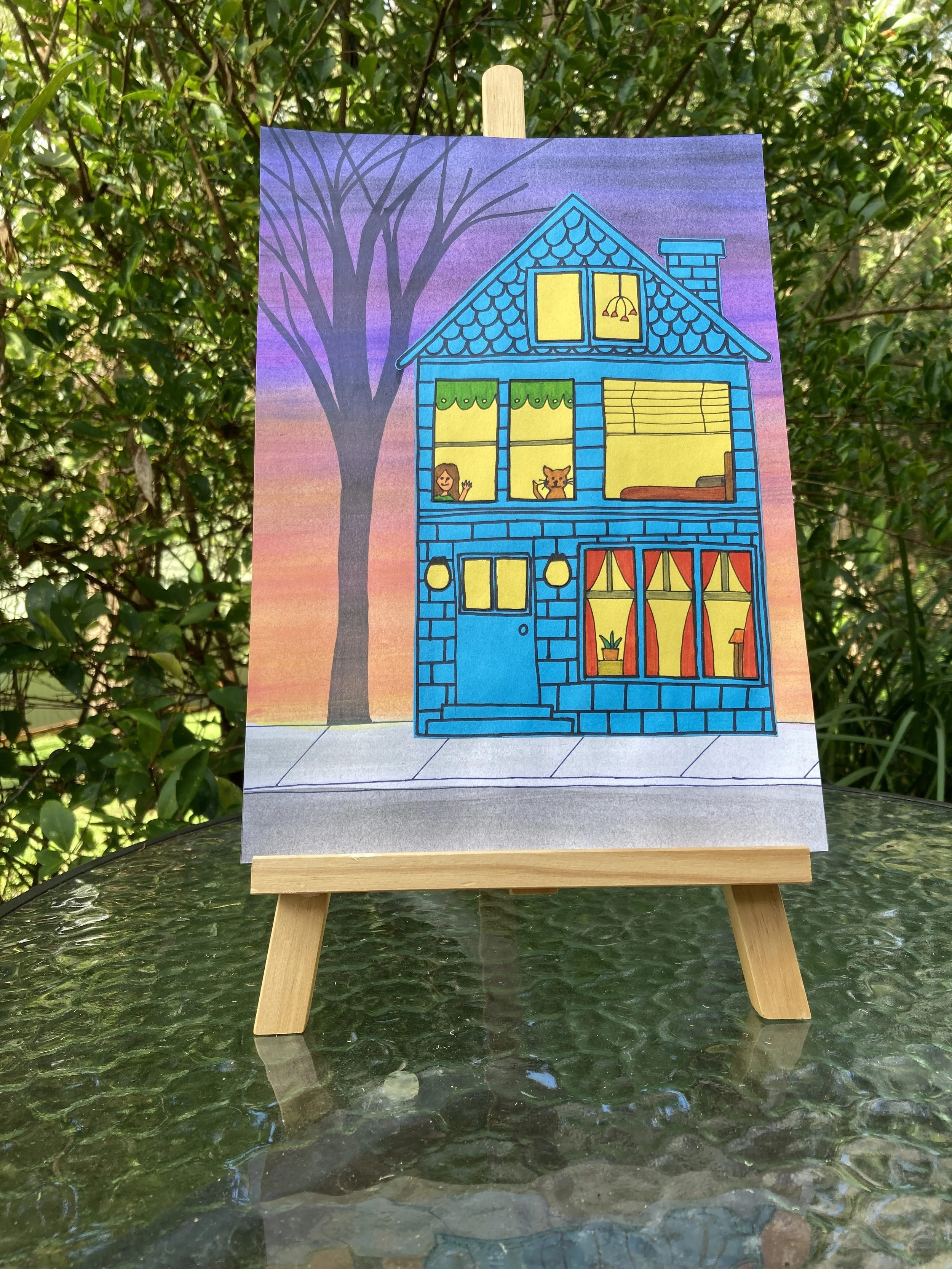 Windows mixed-media artwork on easel.JPG