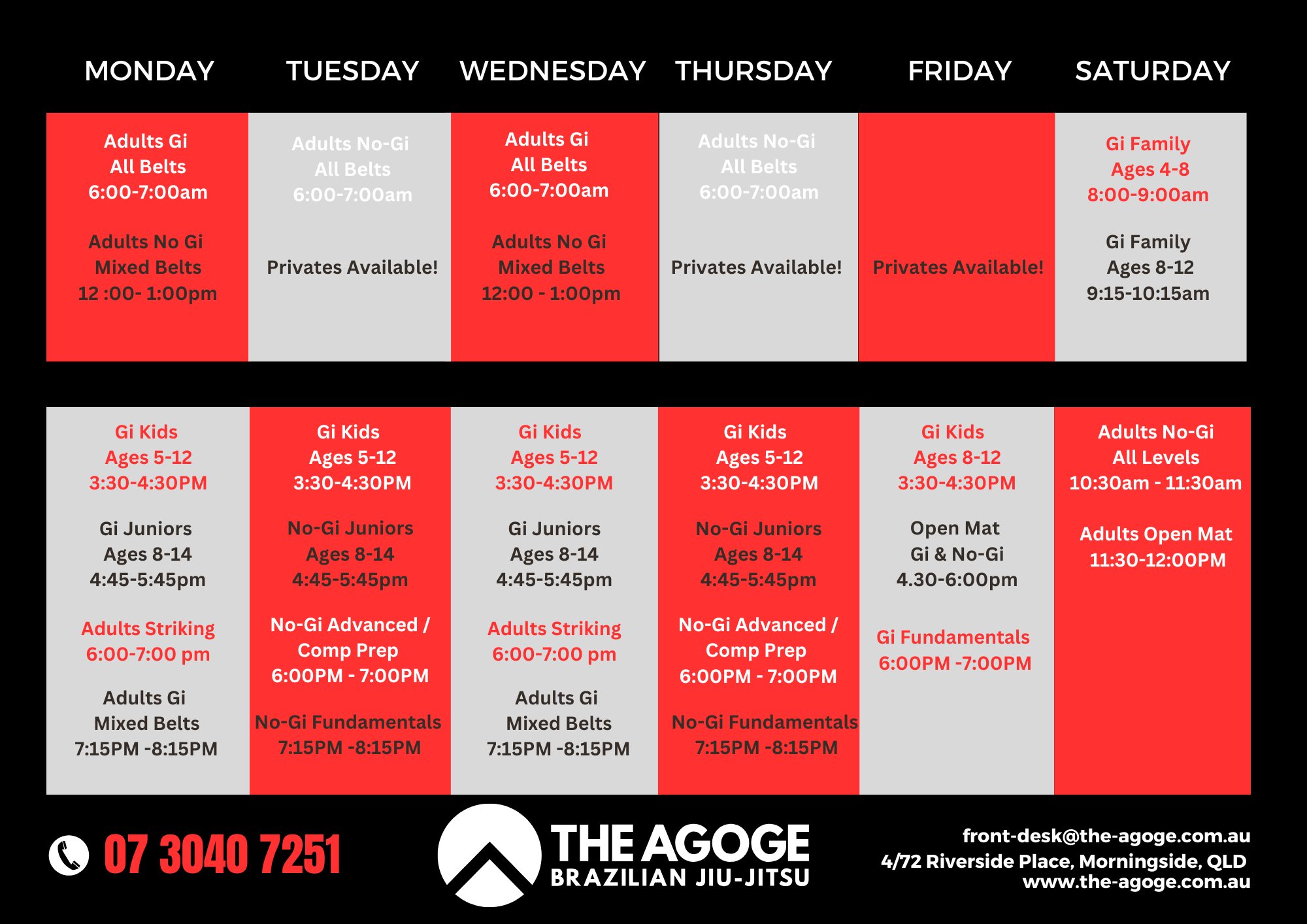 The Agoge BJJ Timetable and class schedule