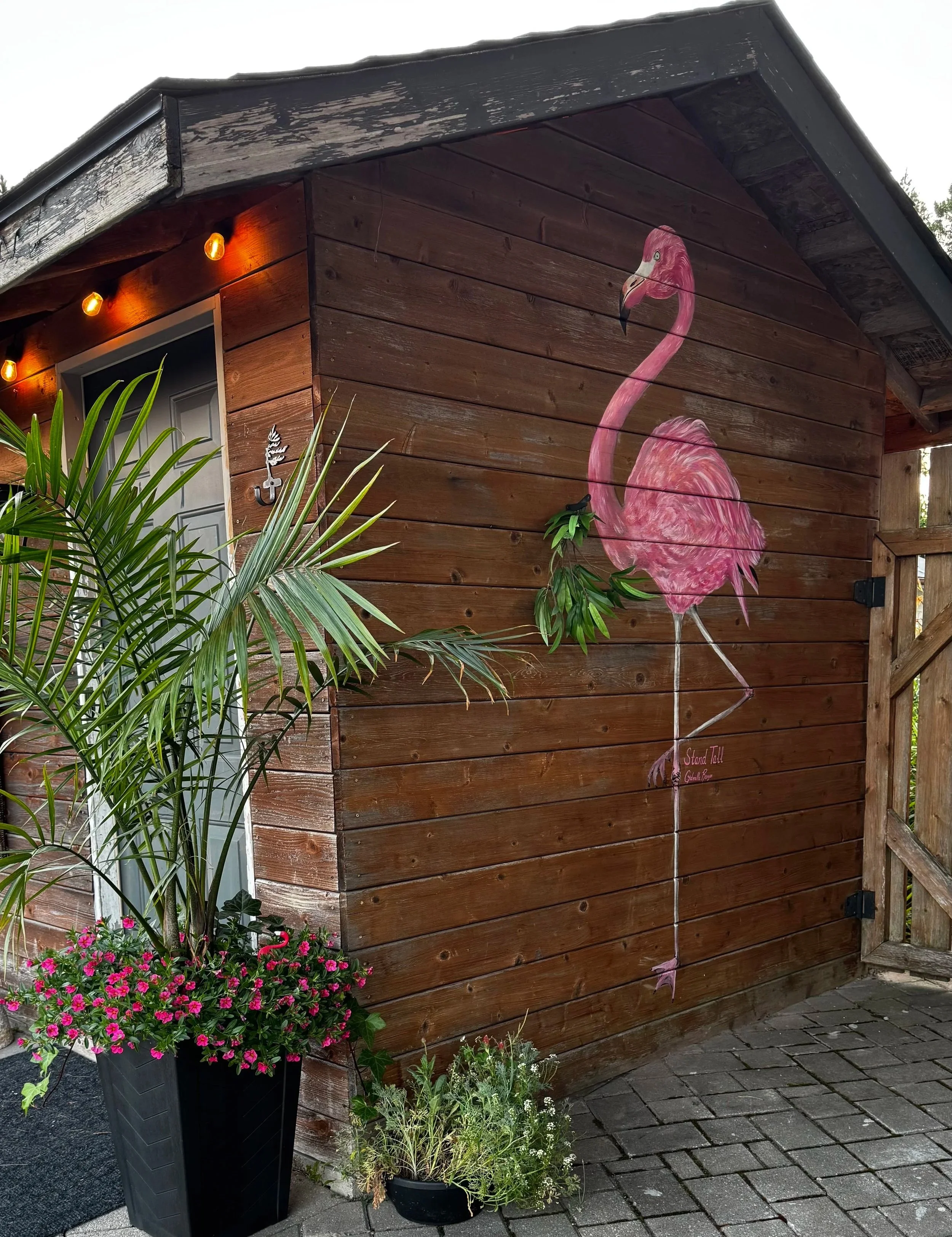 Flamingo Mural (2025). Acrylic on outdoor wooden wall. Commissioned.