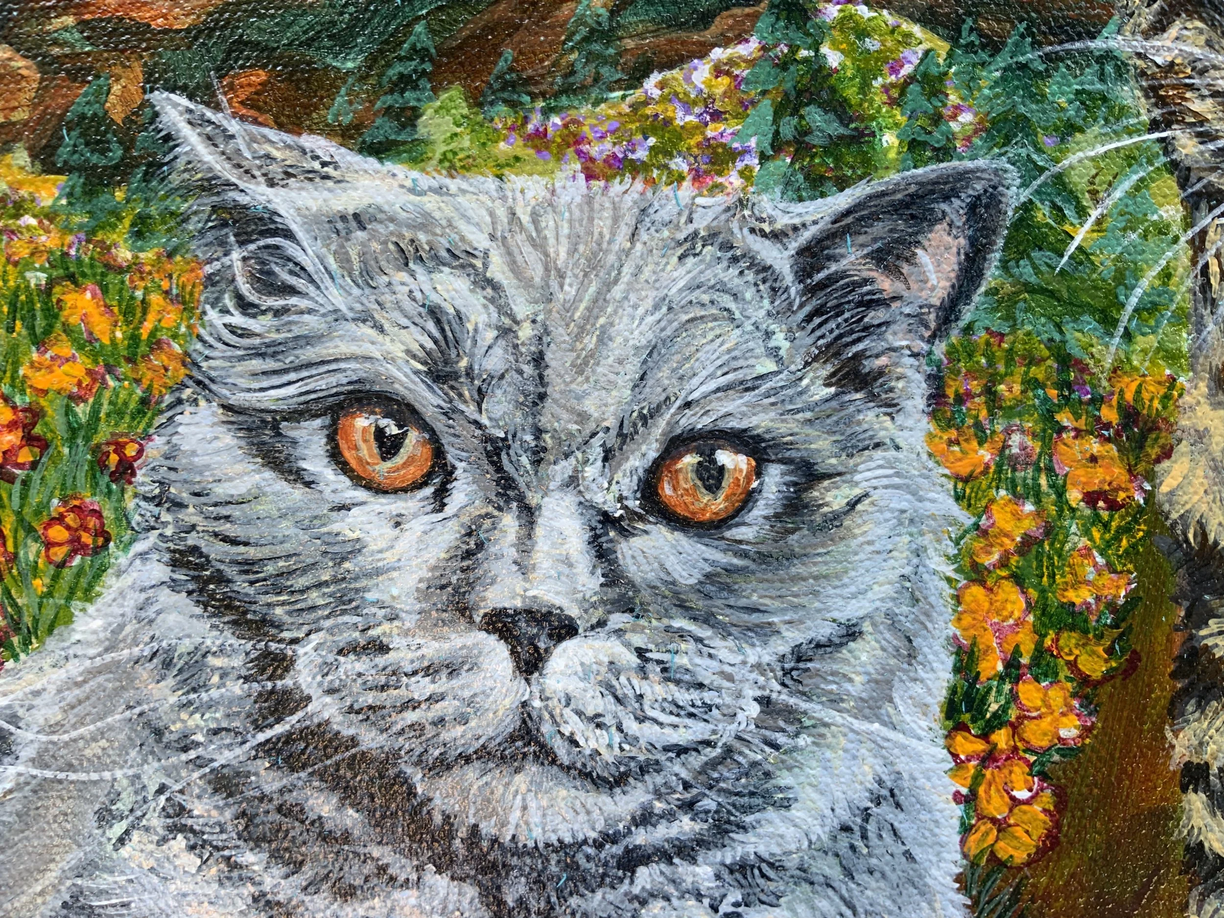 Detail of Les Chats Reposes (2023). 16 x 26 in. Acrylic on canvas.