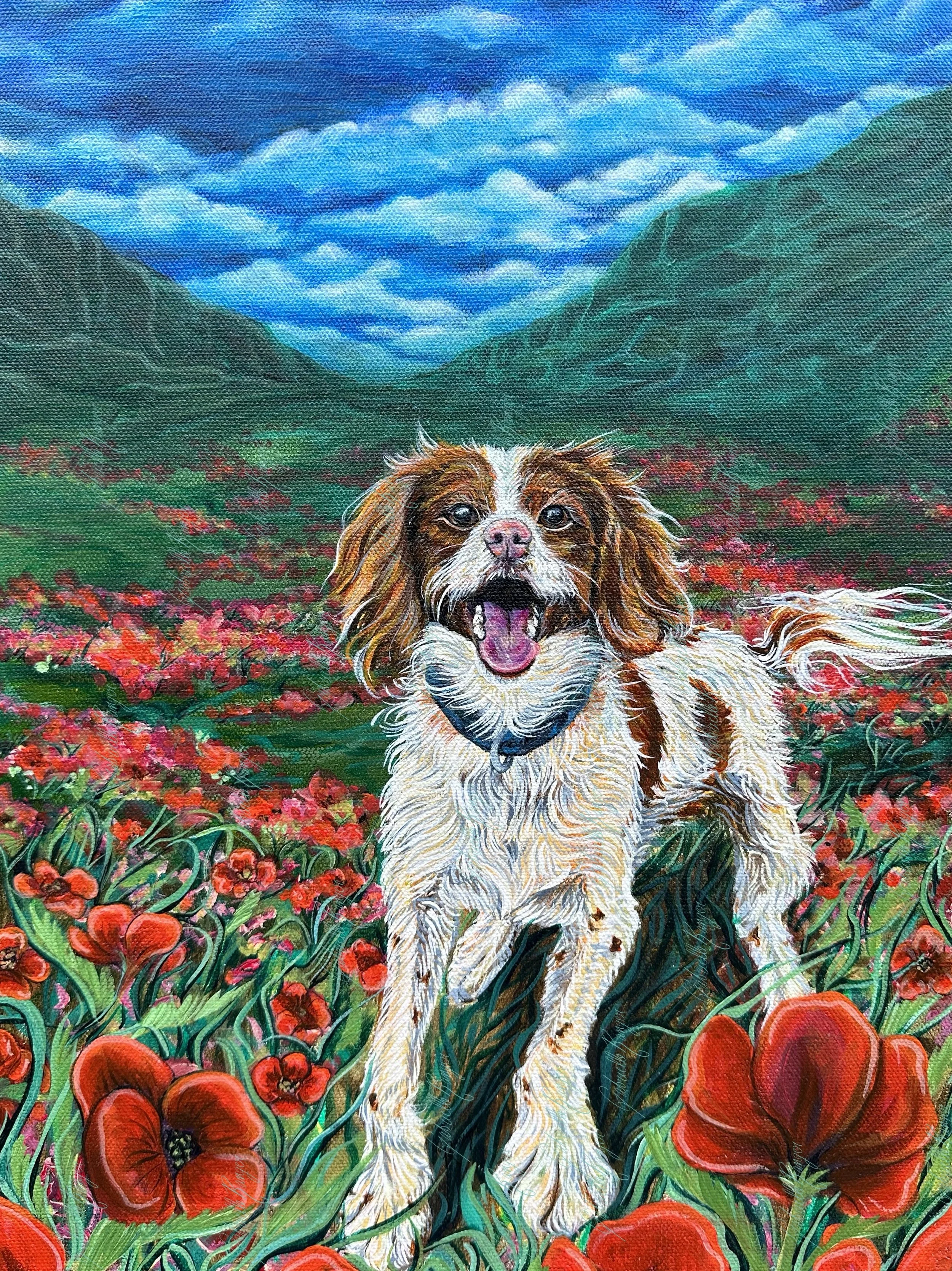 Pup Playing in the Poppy Field (2024). 12 x 16 in. Acrylic on canvas. Commissioned. 