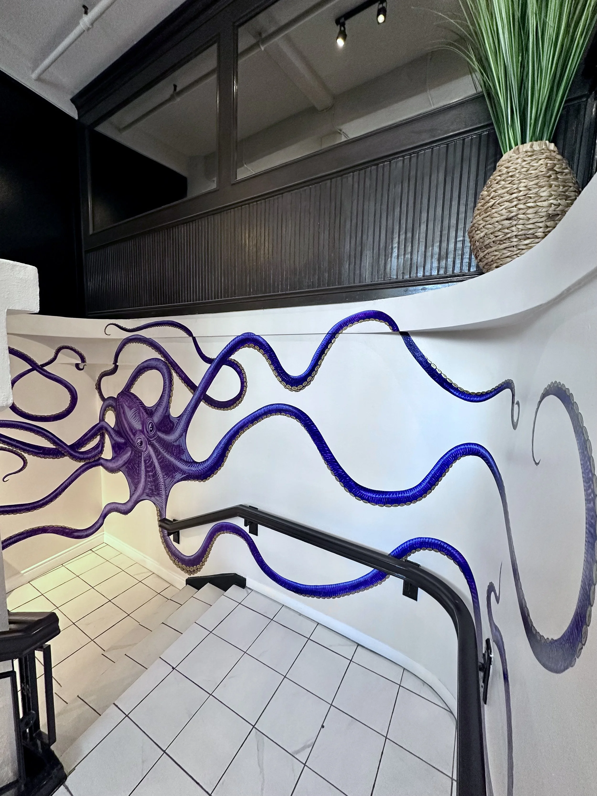 Octopus Mural (2024). Approximately 22 x 10 ft. Acrylic on indoor staircase wall.  Commissioned.
