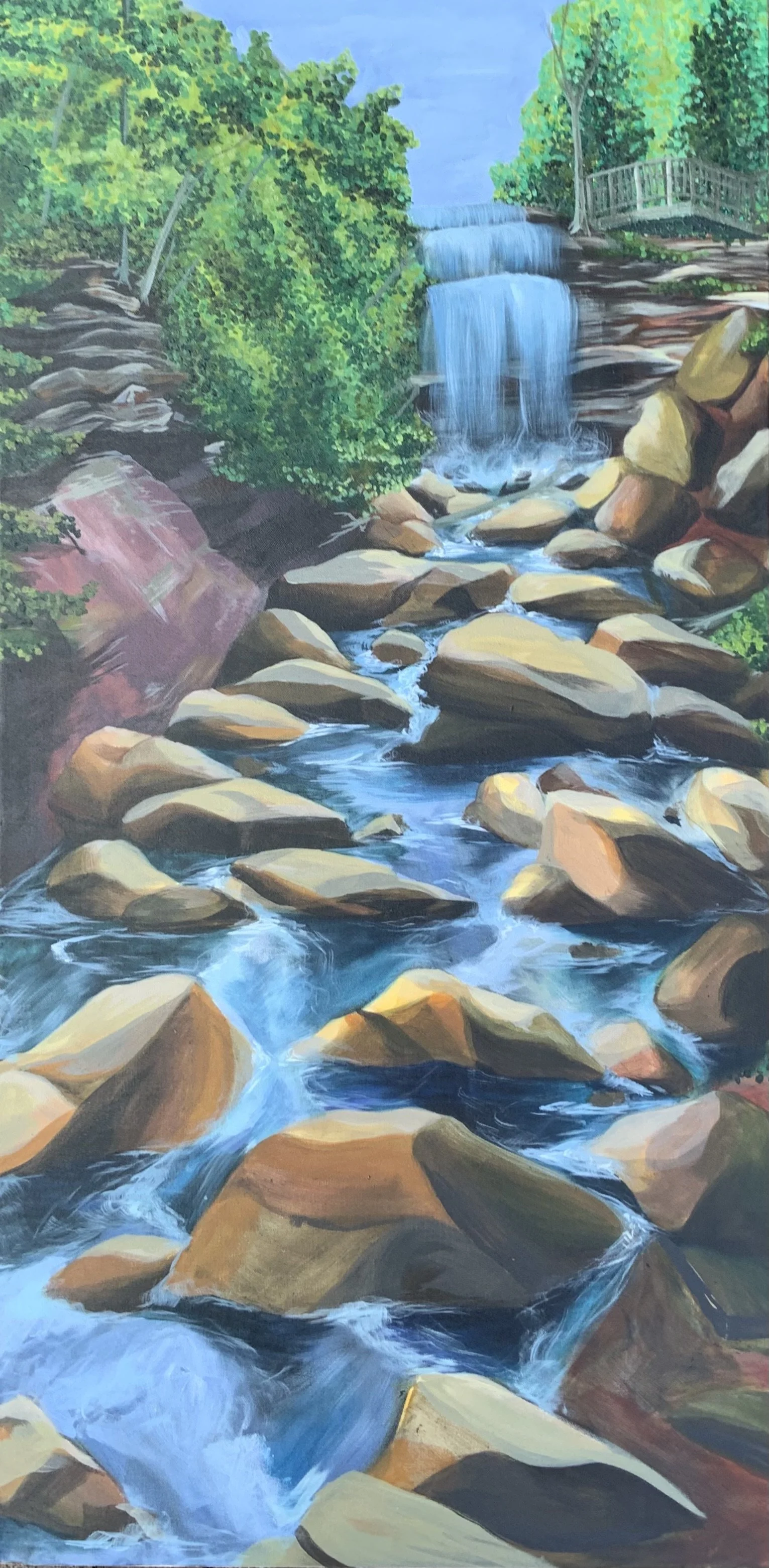 The Rushing Waters of Waterdown (2021). 24 x 48 in. Acrylic on canvas. As seen on Waterdown Village BIA street banners (2021-ongoing)