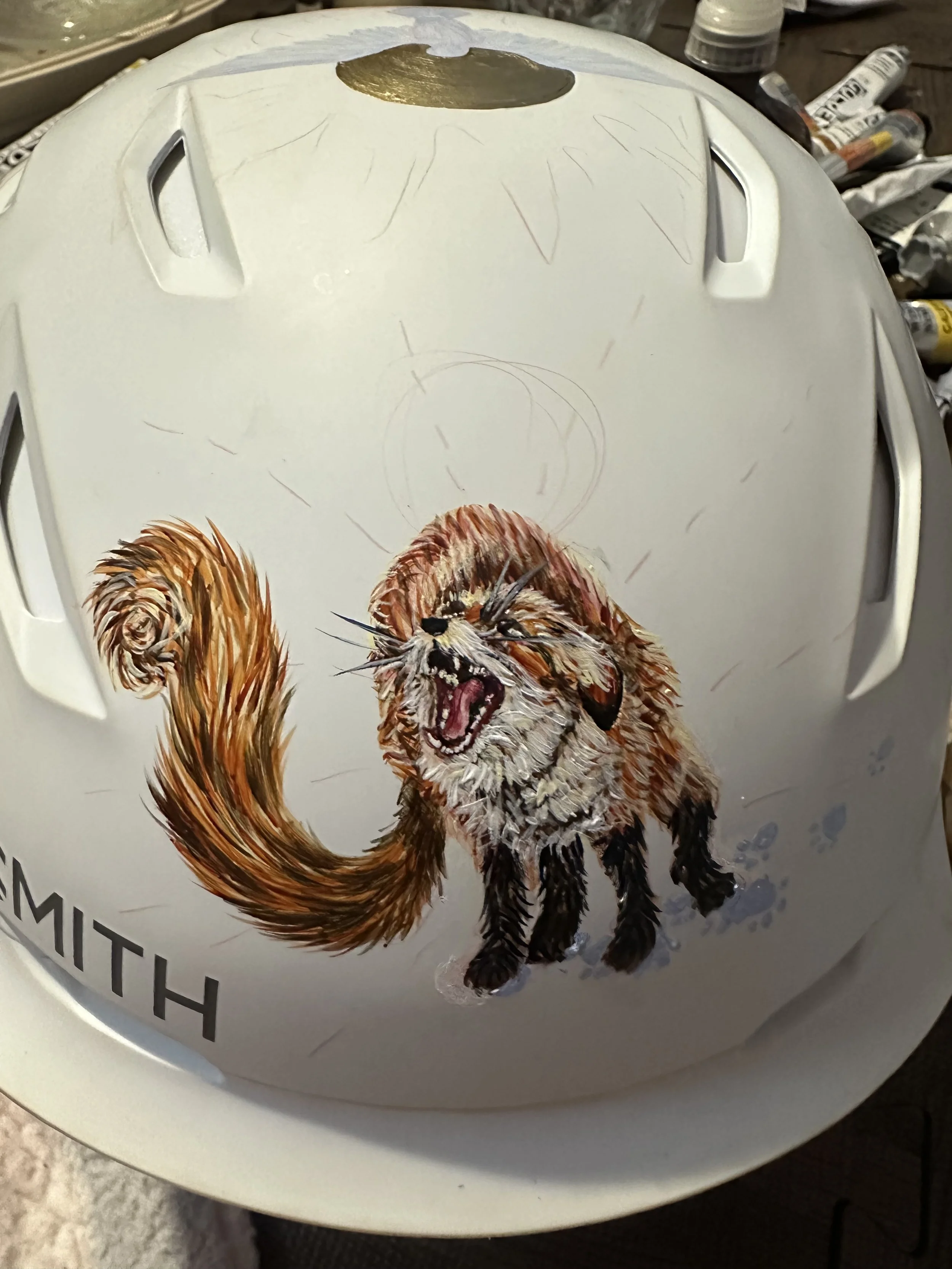 Helmet Project: Front Fox detail (2026). Acrylic on ski helmet. 