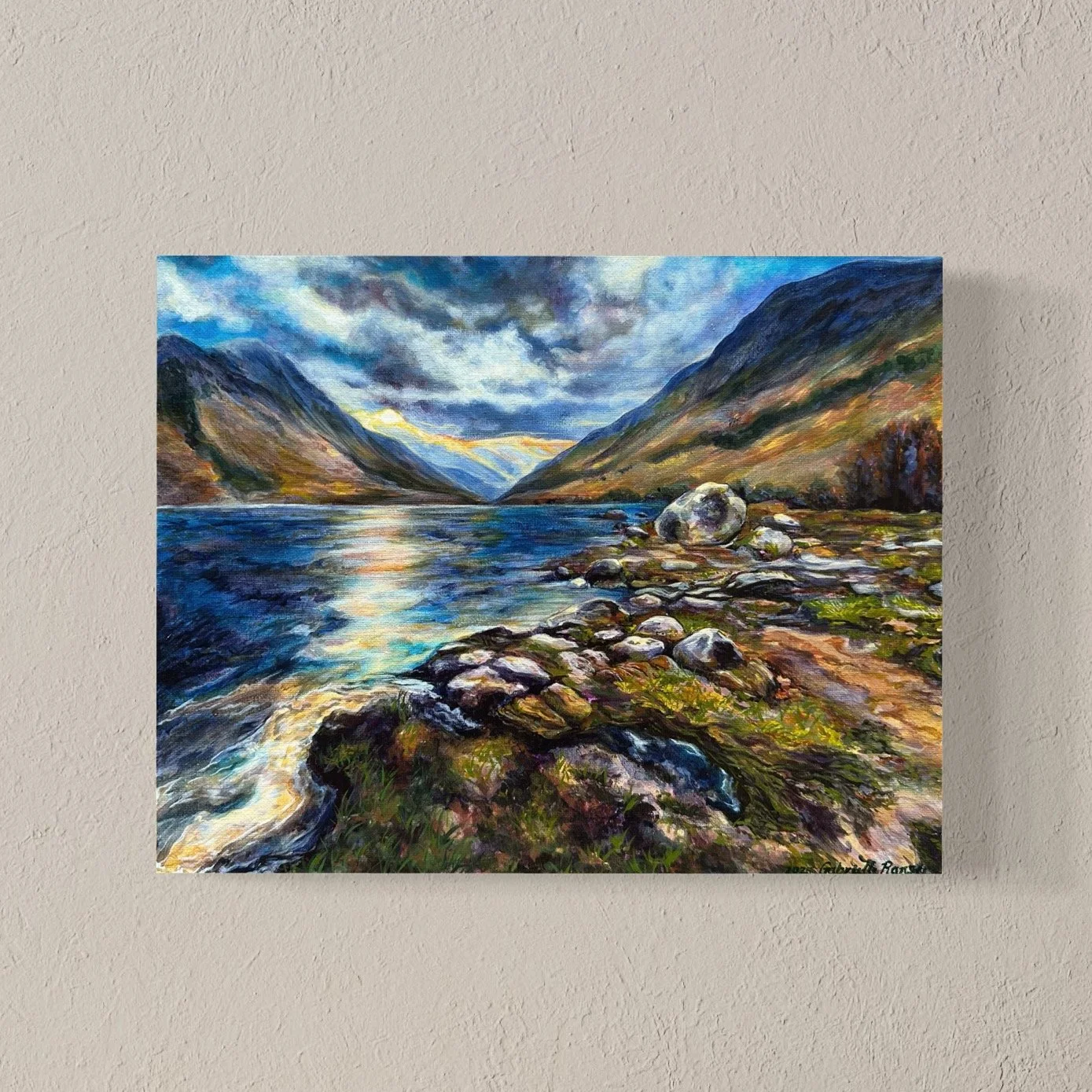 Acrylic landscape painting of Glen Etive in the Scottish Highlands, featuring moody atmosphere, layered brushwork, and soft sfumato glazing.