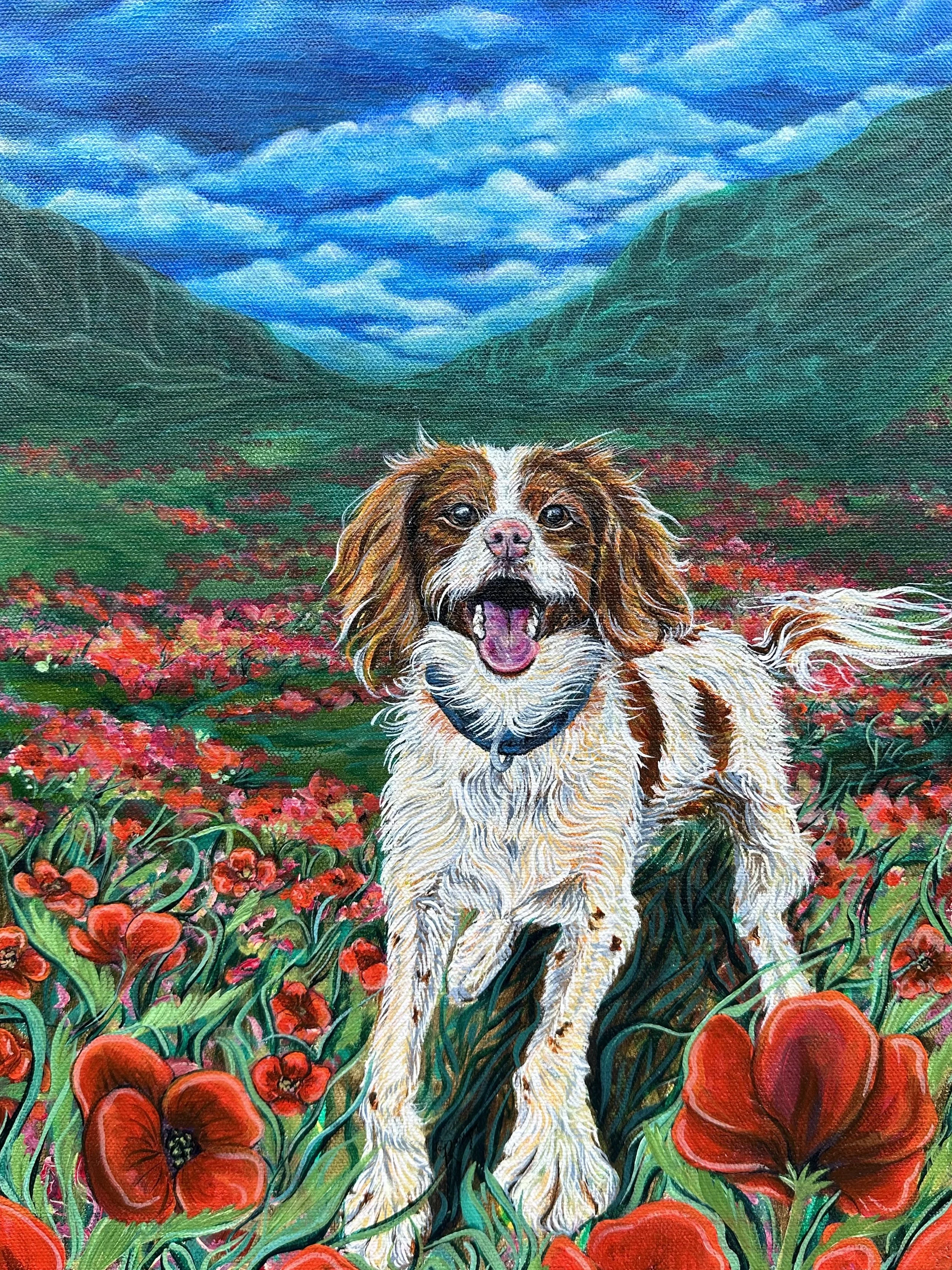 Pup Playing in the Poppy Field (2024). 12 x 16 in. Acrylic on canvas. Commissioned. 