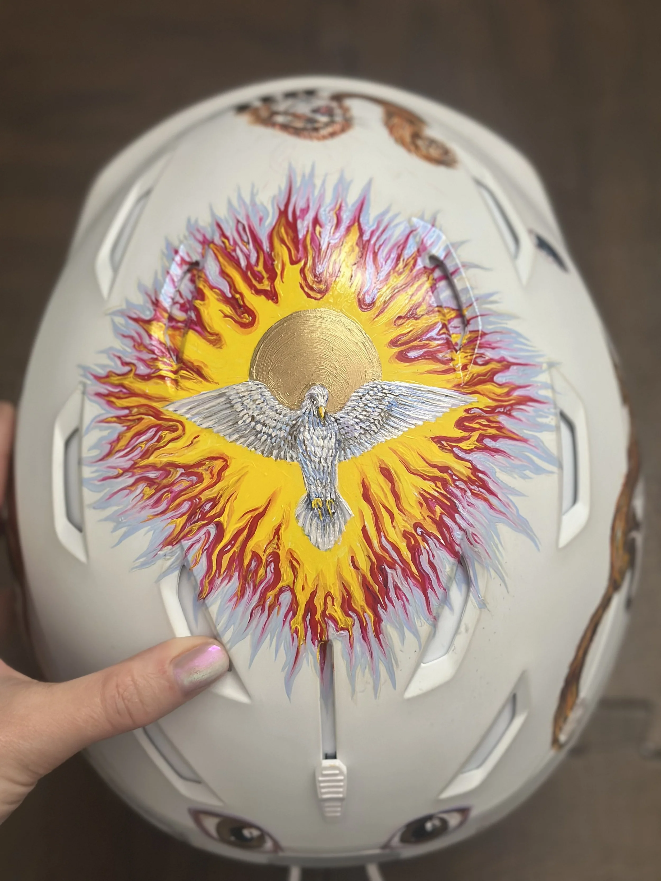 Helmet Project: Top Dove Detail (2026). Acrylic on ski helmet. 