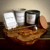 From left to right; Maple Sugar wax melt, Pumpkin Chai Modern Rope wick candle, and Black Coral and Moss Nordic Wooden wick candle