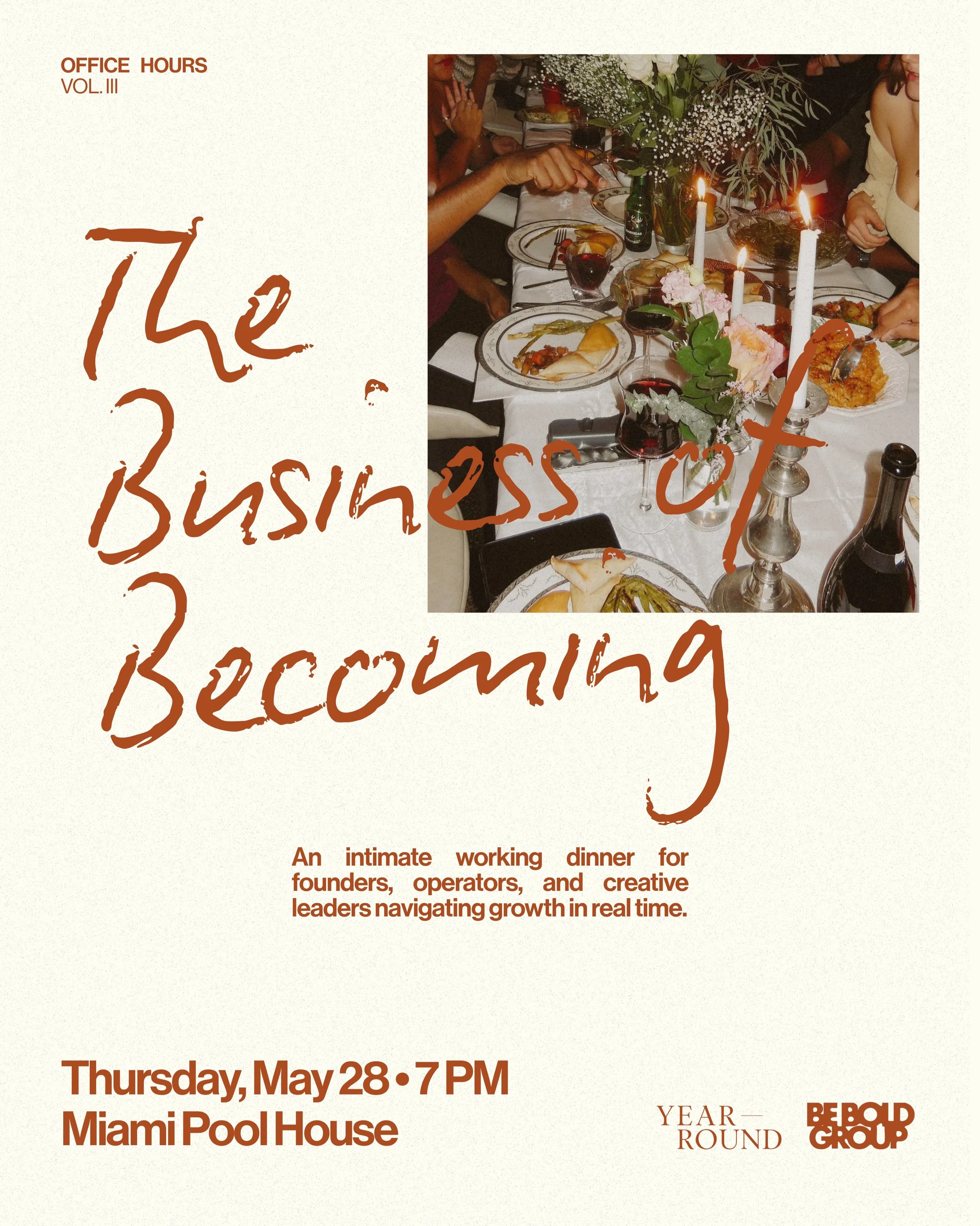 Miami community, this one&rsquo;s for you!

A guided dinner for founders, operators, and creative leaders navigating growth in real time.

Hosted by @weareyearround at Miami Pool House and led by @barbaralevin of @beboldgroup, this intimate evening i