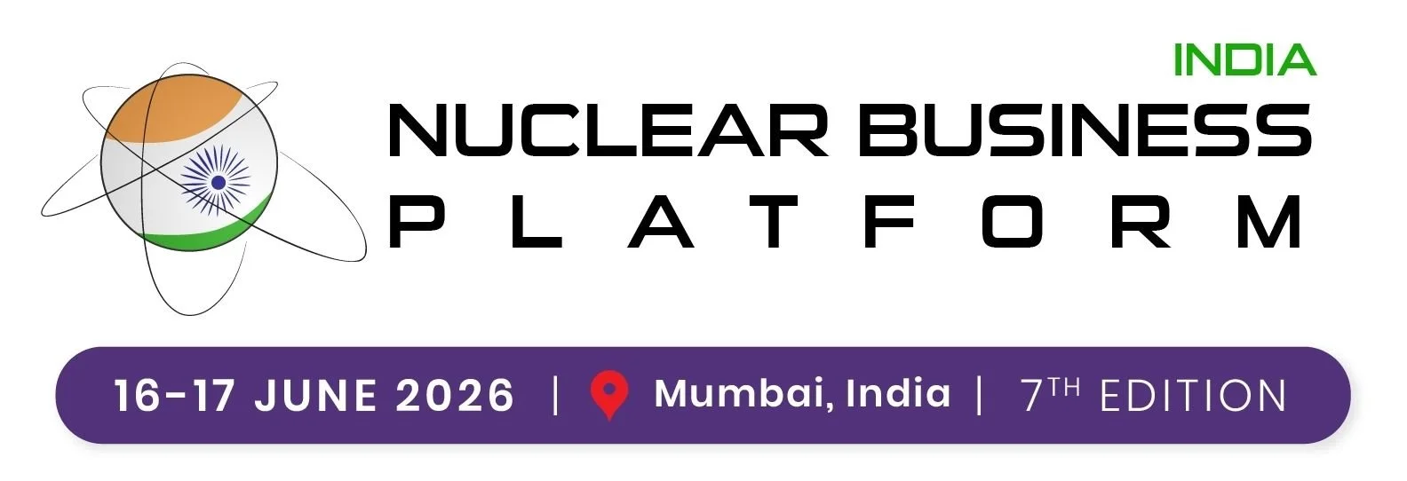 Logo for the India Nuclear Business Platform event, featuring a stylized atom with the Indian flag colors and event details: June 16-17, 2026, Mumbai, India, 7th edition.