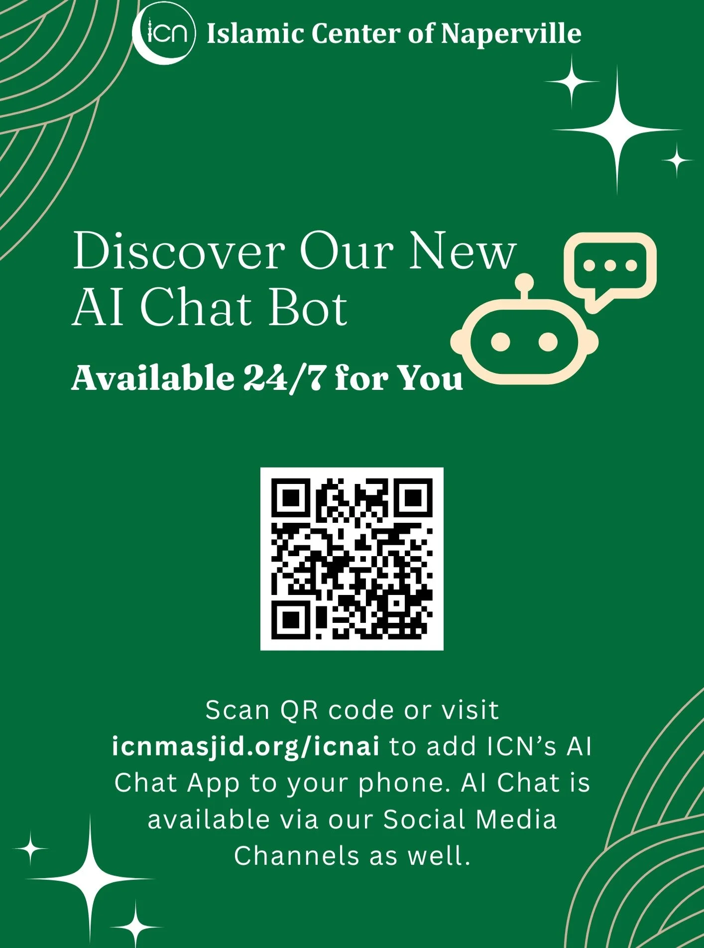 ✨ Introducing ICN&rsquo;s AI Chat Bot! ✨
Your 24/7 assistant for everything ICN &ndash; events, prayer times, services, and more!

📲 Scan the QR code or visit icnmasjid.org/icnai to get started.
💬 Available on our social media channels too!

#ICNMa
