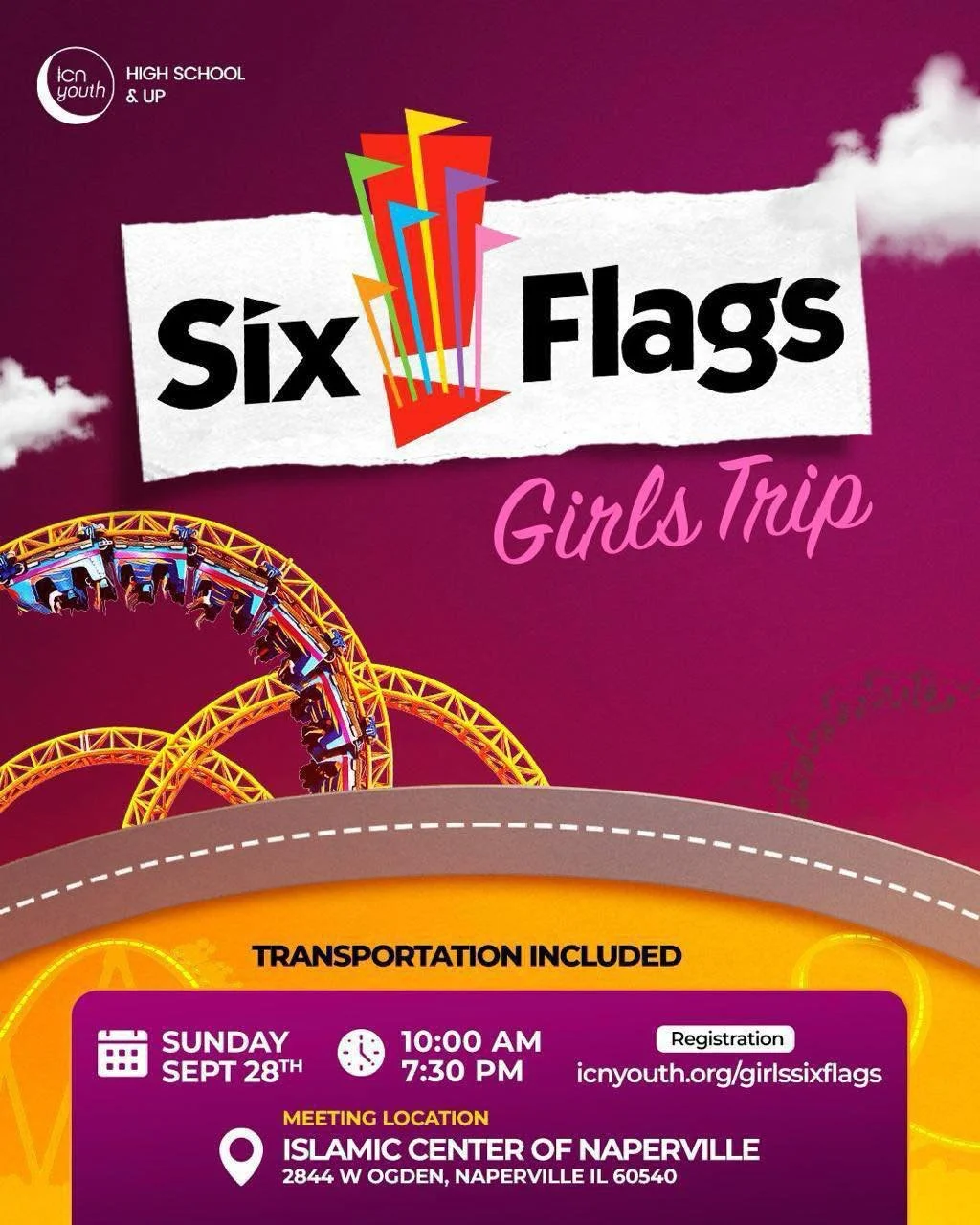 🎢 Six Flags is calling&hellip; are you ready?!

Get ready for roller coasters, laughter, and memories with your sisters at ICN Youth&rsquo;s Annual Girls Trip to Six Flags! 🌟 This trip is exclusively for high school and up, so grab your friends and