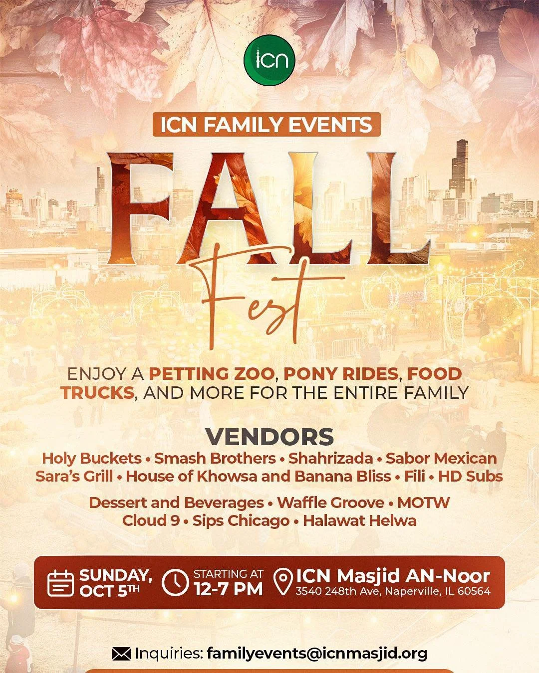 🍂✨ Get ready for ICN&rsquo;s Fall Fest! ✨🍂
Join us on Sunday, October 5th from 12&ndash;7 PM at ICN Masjid An-Noor for a day full of family fun!

Enjoy pony rides, a petting zoo, hayrides, food trucks, bouncy castles, face painting, and so much mor