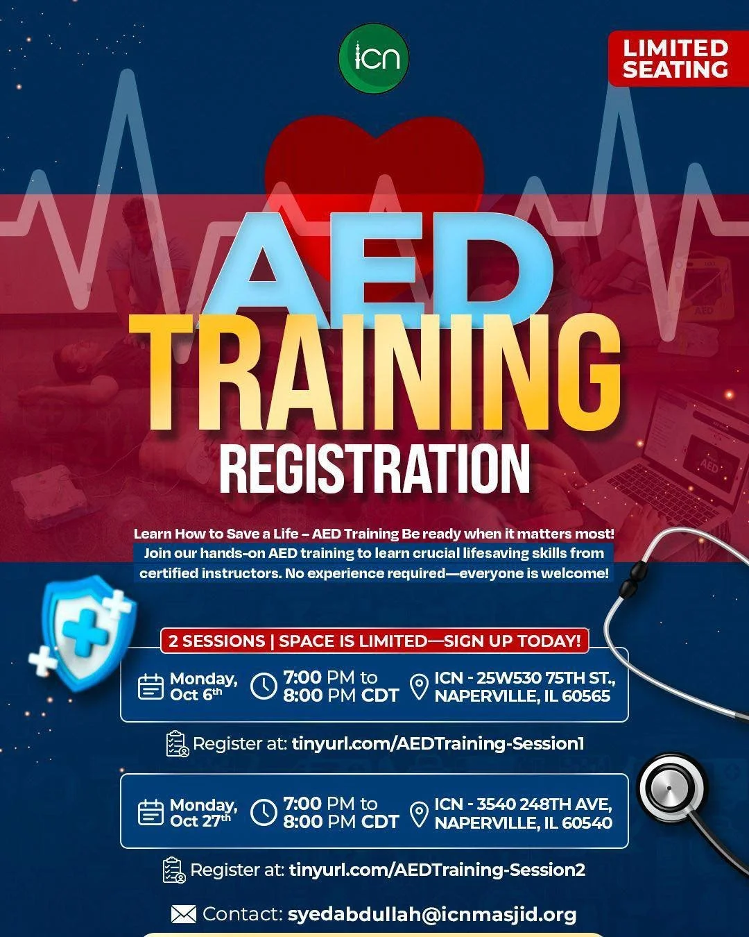 🩺 AED Training Sessions &ndash; Limited Spots Available!🚨
We're offering FREE AED (Automated External Defibrillator) training for the community. Each session is limited to 20 participants, so register early!

Session 1 :
📅 Monday, October 6, 2025
