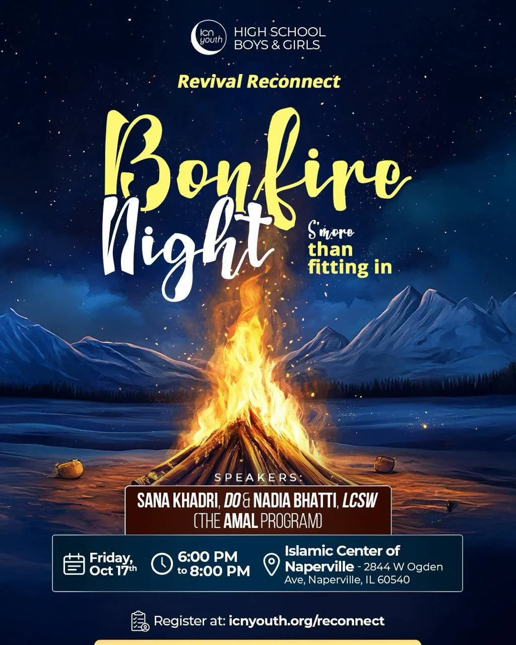 🔥 Revival Reconnect: Bonfire Night 🌙

It&rsquo;s time to reconnect with faith, friends, and yourself. Join us for a meaningful evenings as we gather around the fire for open conversations, reflection, and fun.

🎙️ Discussion led by Dr. Sana Khadri