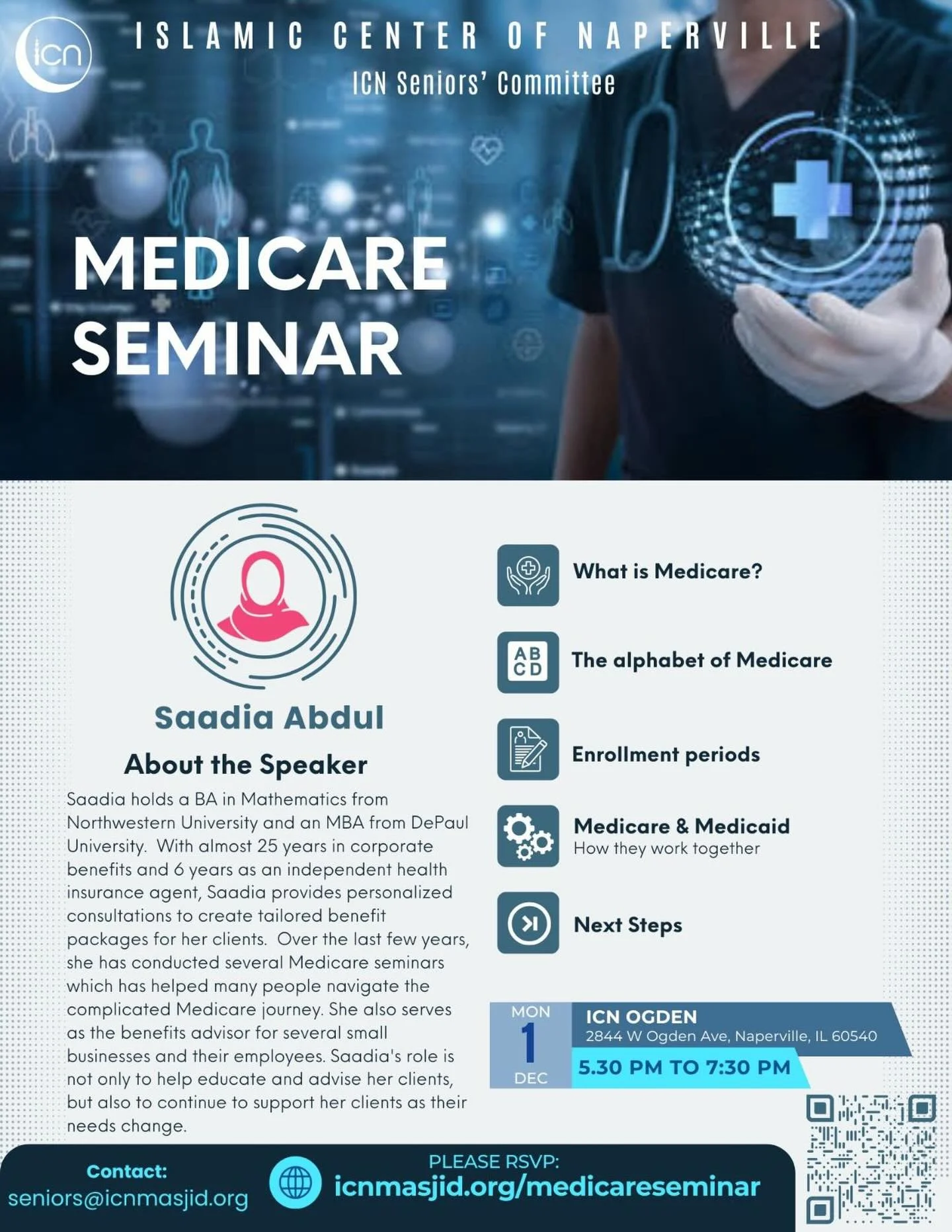 Want the latest information on #medicare ? Have questions on coverage/policy changes/enrollment? Don&rsquo;t miss this informational session by an expert on Dec 1st. Remember the deadline for Medicare enrollment is coming up soon.
Please register at
