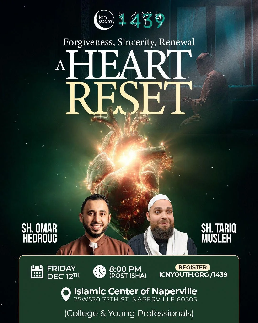 1439 is happening *this Friday* ✨

We&rsquo;re closing the year with a meaningful conversation on purifying the heart with *Shaykh Omar Hedroug* and *Shaykh Tariq Musleh* &mdash; letting go of grudges, embracing forgiveness, renewing sincerity, and r