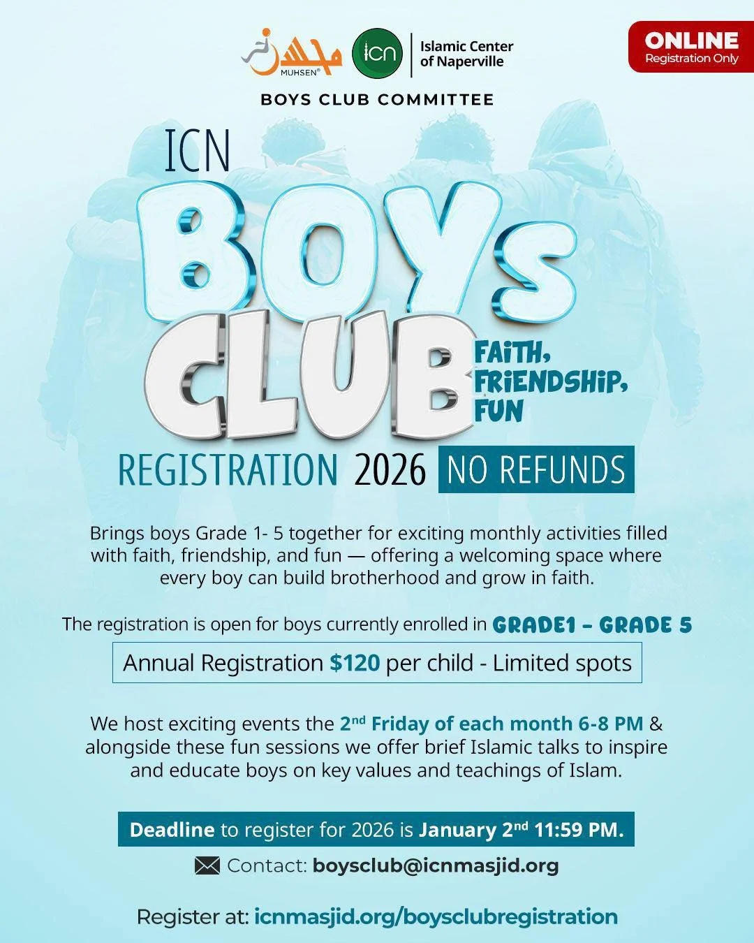 🌟 ICN Boys Club &ndash; Registration for 2026 is OPEN! 

We&rsquo;re excited to welcome boys in Grades 1&ndash;5 to the ICN Boys Club, a fun and nurturing space focused on faith, friendship, and fun.

📅 When: 2nd Friday of each month 6-8PM
👦 Who: 