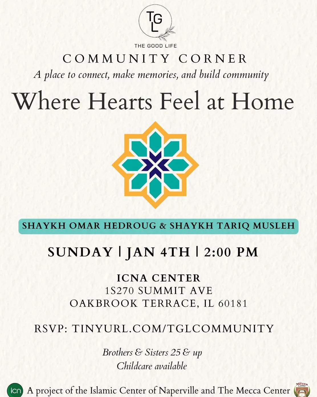 ✨ We&rsquo;re excited to kickstart the new year by coming together as a community. Join TGL Community Corner, an afternoon dedicated to reflection, meaningful conversation, and rejuvenation. 

Share  heartfelt moments with Shaykh Omar Hedroug and Sha