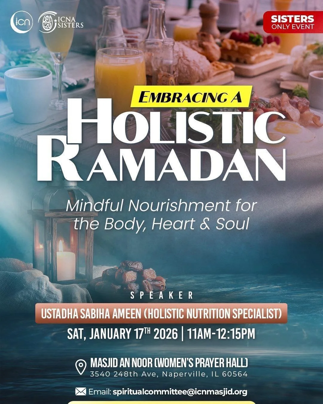 Assalaamu Alaykum,

As we prepare for Ramadan, let&rsquo;s pause and reflect on how we nourish ourselves, inside and out through mindful practices and holistic nutrition.

Sisters, please join us for a session focused on mindful nourishment for the b