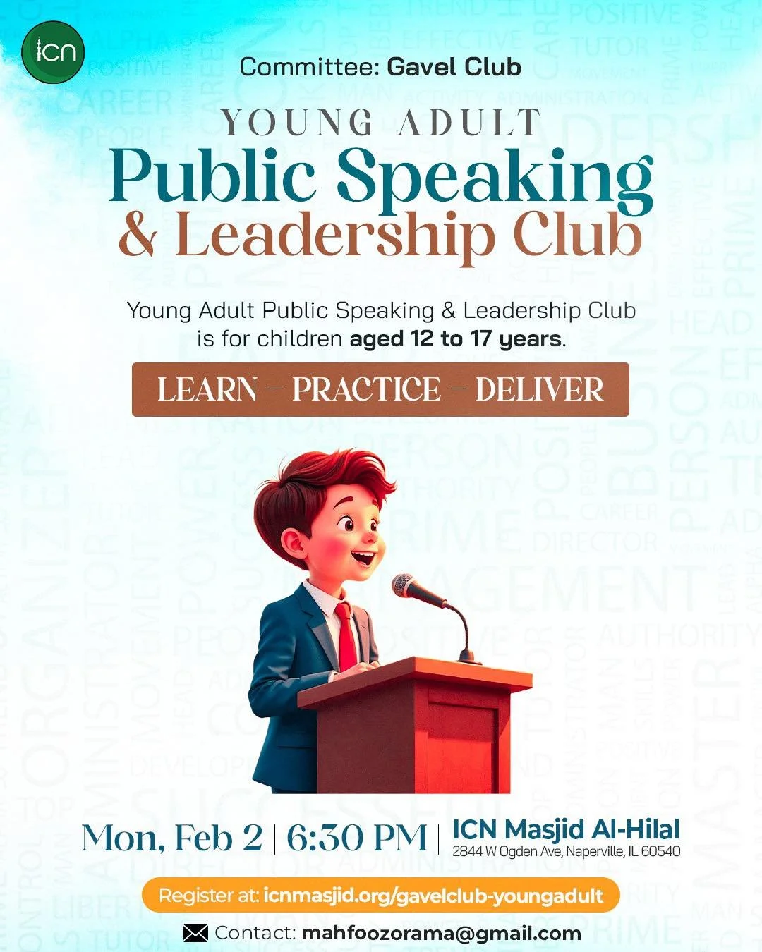 📢 Young Adult Public Speaking Club Meeting🎤

🗓 Monday, February 2nd
⏰ 6:30 PM
📍 ICN Ogden &ndash; Men&rsquo;s Hall
📍 2844 W. Ogden Ave., Naperville

👥 For ages 12&ndash;17 years

⏳ Please arrive 5 minutes early to get situated.

✨ Learn. Practi