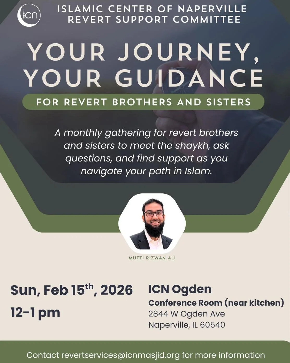 🌟 Revert Community Gathering🌟
☕🍪 Your Journey, Your Guidance🫶

ICN's Revert Support Committee warmly invites our Revert community ( brothers and sisters ) to meet with Sheikh Rizwan Ali  for our &ldquo;Reverts meet up with Sheikh&rdquo; program .