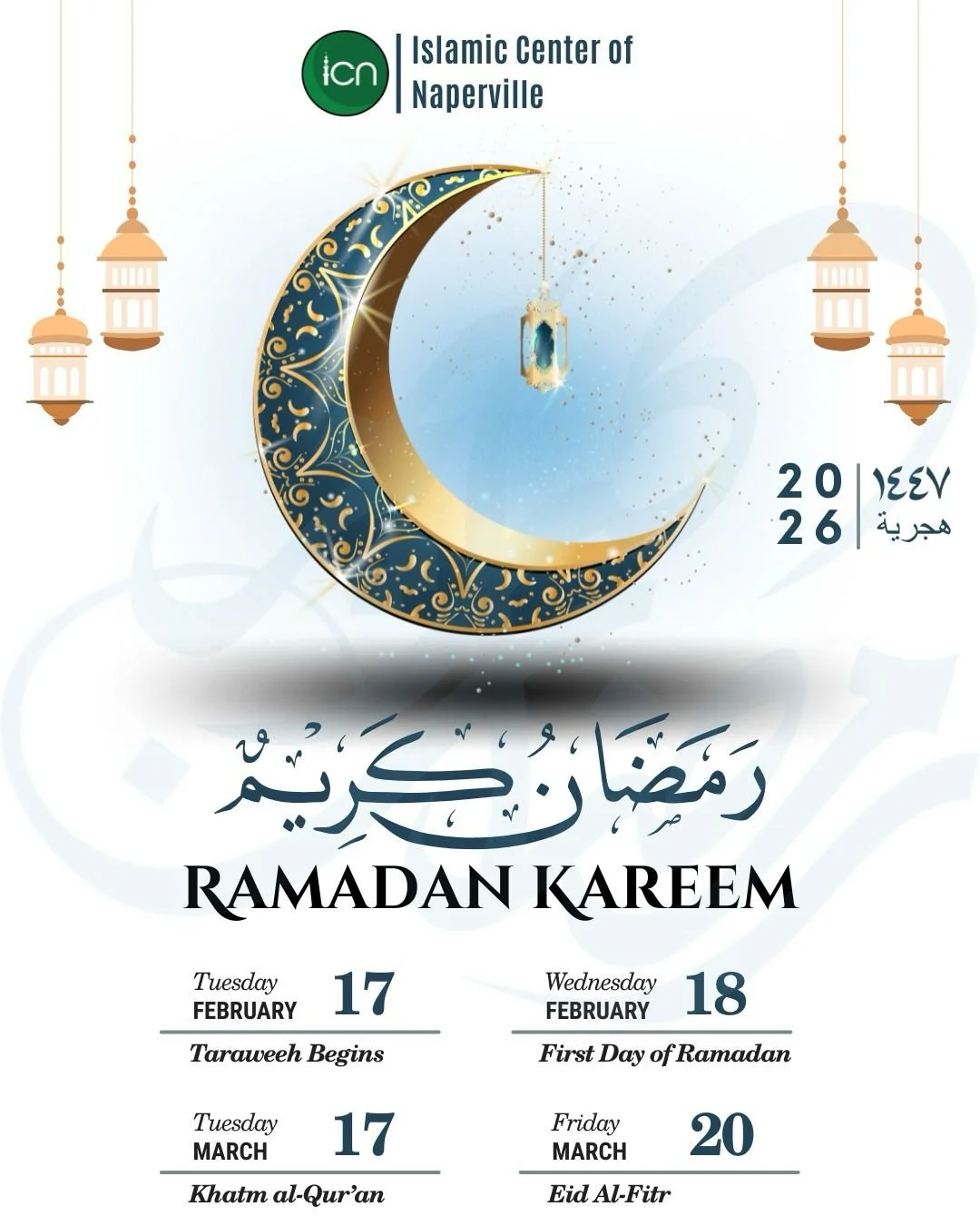 Tonight, February 17th is the first night of #taraweeh at all 4 ICN locations beginning at 8 PM, and tomorrow is first day of #ramadan, Insha'Allah.