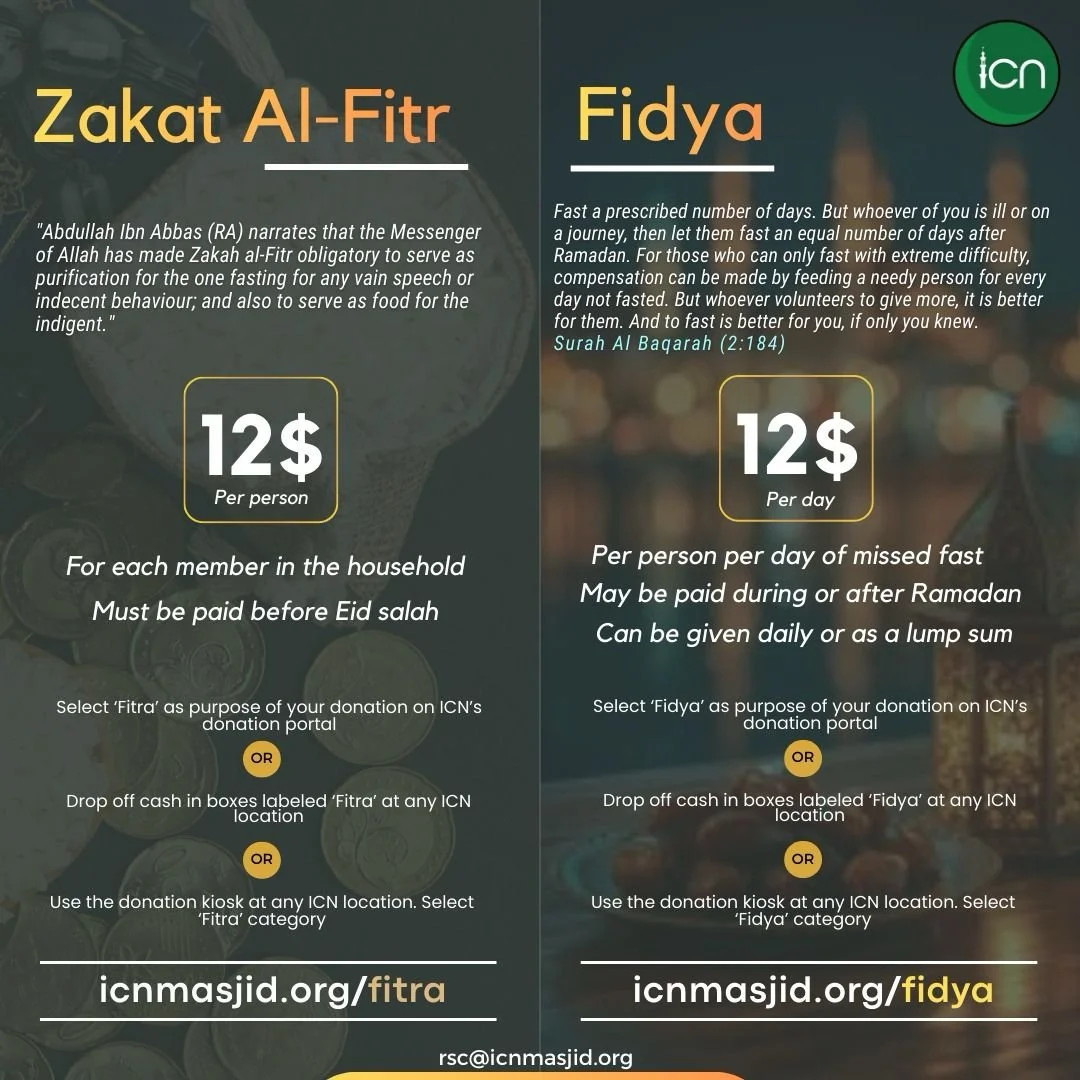 Please pay your #Fitra ($12 for each member of the family) as soon as possible so it reaches the recipients BEFORE #Eid!

#Fidya ($12 for every missed day) is for people who missed their fast for permissible reasons.

Boxes marked Fitra and Fidya are