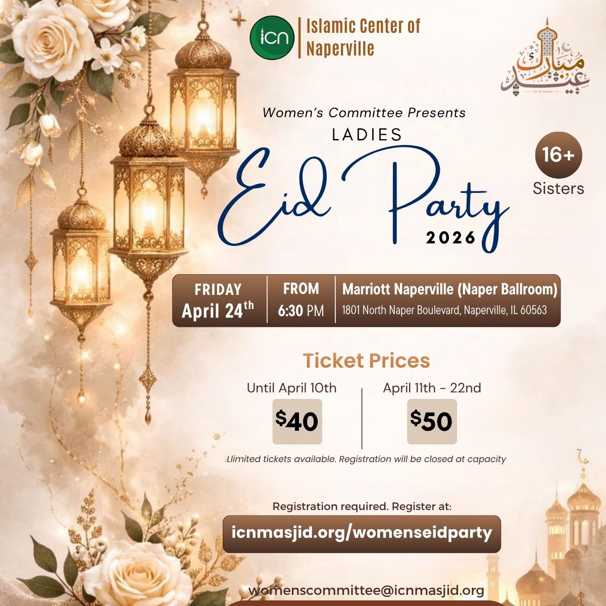 🌙💫 Eid just got EVEN better, sisters! 💫🌙

✨ ICN Women&rsquo;s Committee is bringing you a night to remember! ✨
🎉 Eid Party 2026 🎉

Get ready for an evening filled with joy, laughter, and sisterhood 🌸👭

📅 Friday, April 24th
⏰ 6:30 PM onwards
