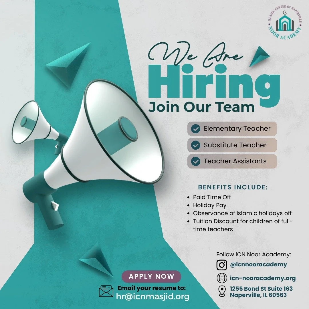 🌟 We&rsquo;re Hiring &ndash; Join Noor Academy! 🌟

Make a meaningful impact in a nurturing, faith-centered environment where your work truly matters 🤍

📚 Now Hiring:
* Elementary Teacher
* Substitute Teacher
* Teacher Assistants

✨ What We Offer: