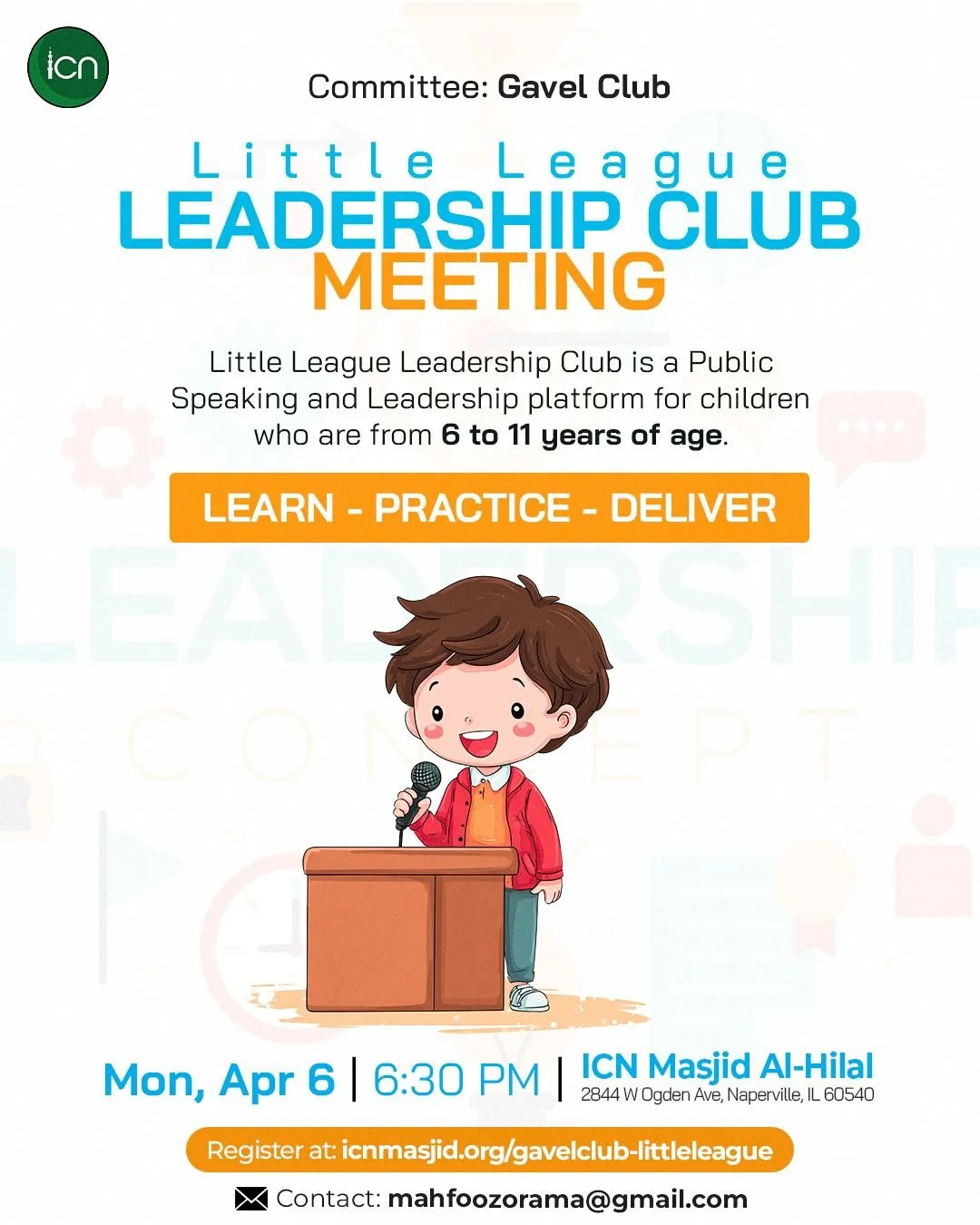 📣 Little League Leadership Meeting
Monday April 6th
⏰ Time: 6:30 PM
📍 Location: Ogden Masjid
 2844 W. Ogden Ave. (Men's Hall)

👨&zwj;👩&zwj;👧&zwj;👦 Parents, please attend with your children!
🚶&zwj;♂️ Arrive 5 minutes early to get settled in.